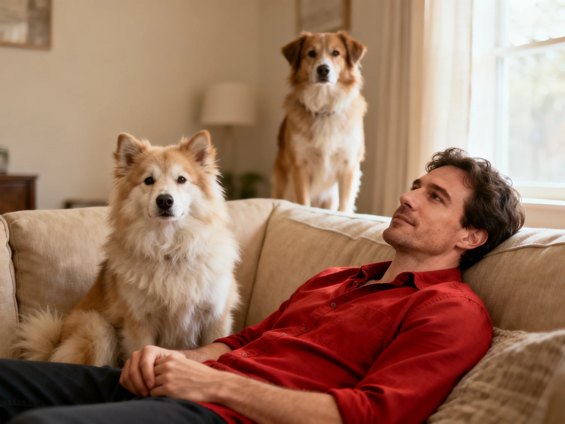 A man in a red shirt relaxes on a beige couch with two light brown dogs