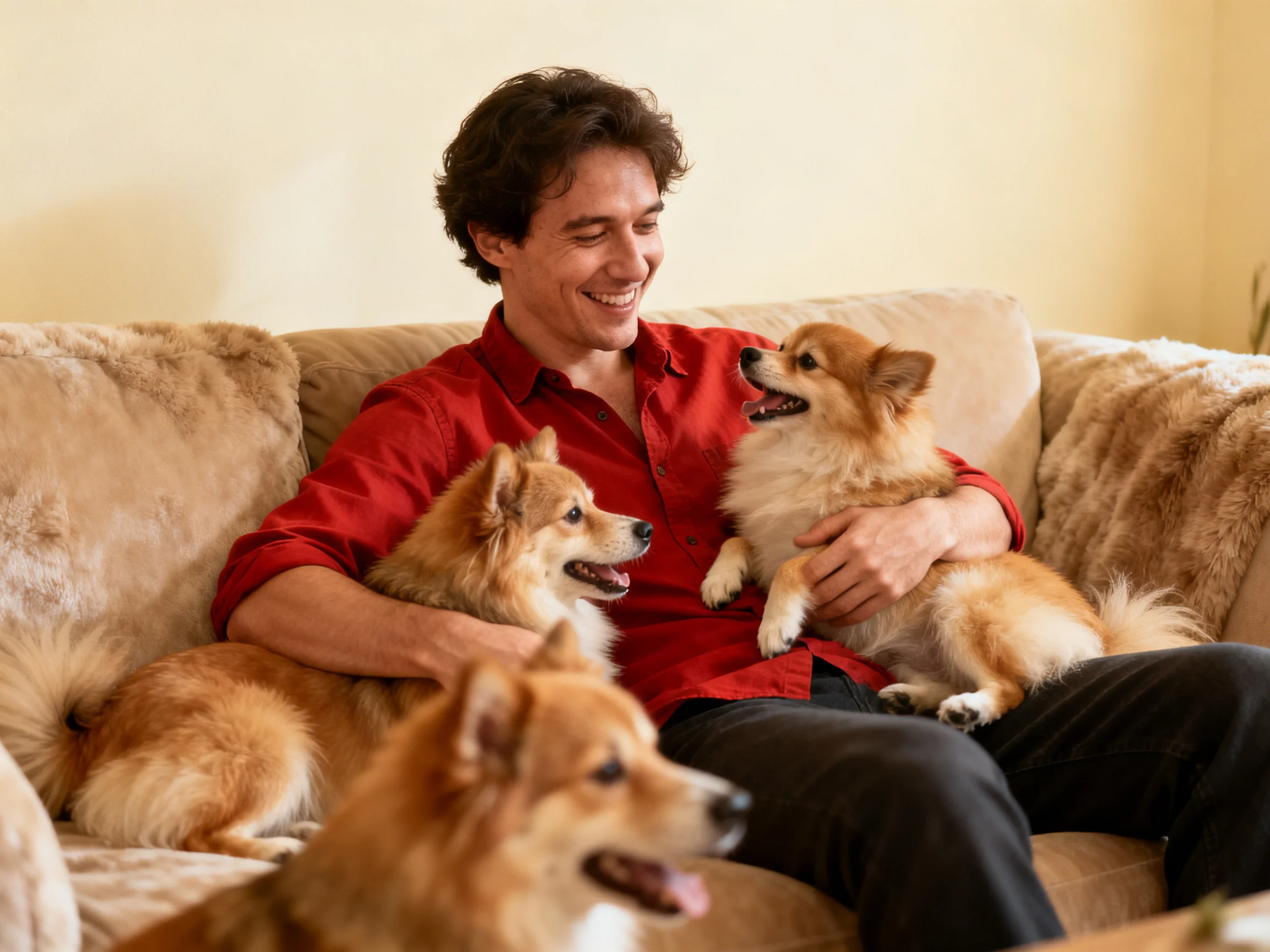 A man in a red shirt sitting on a couch with three golden-brown dogs