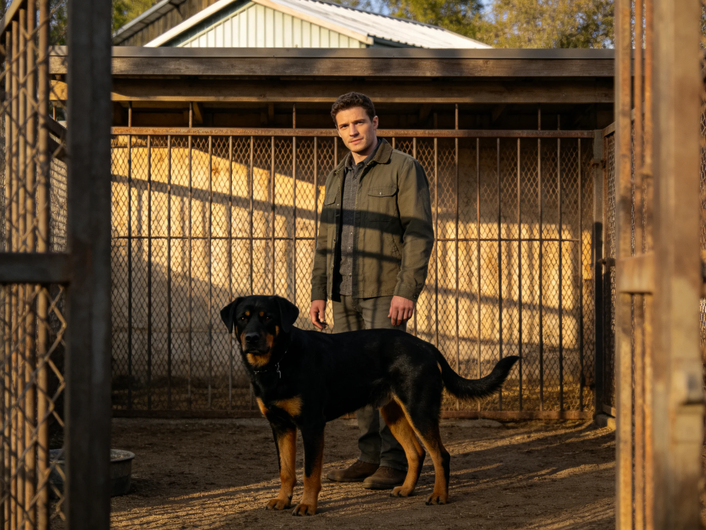 A man in olive jacket stands beside a black-and-tan dog near a metal fence