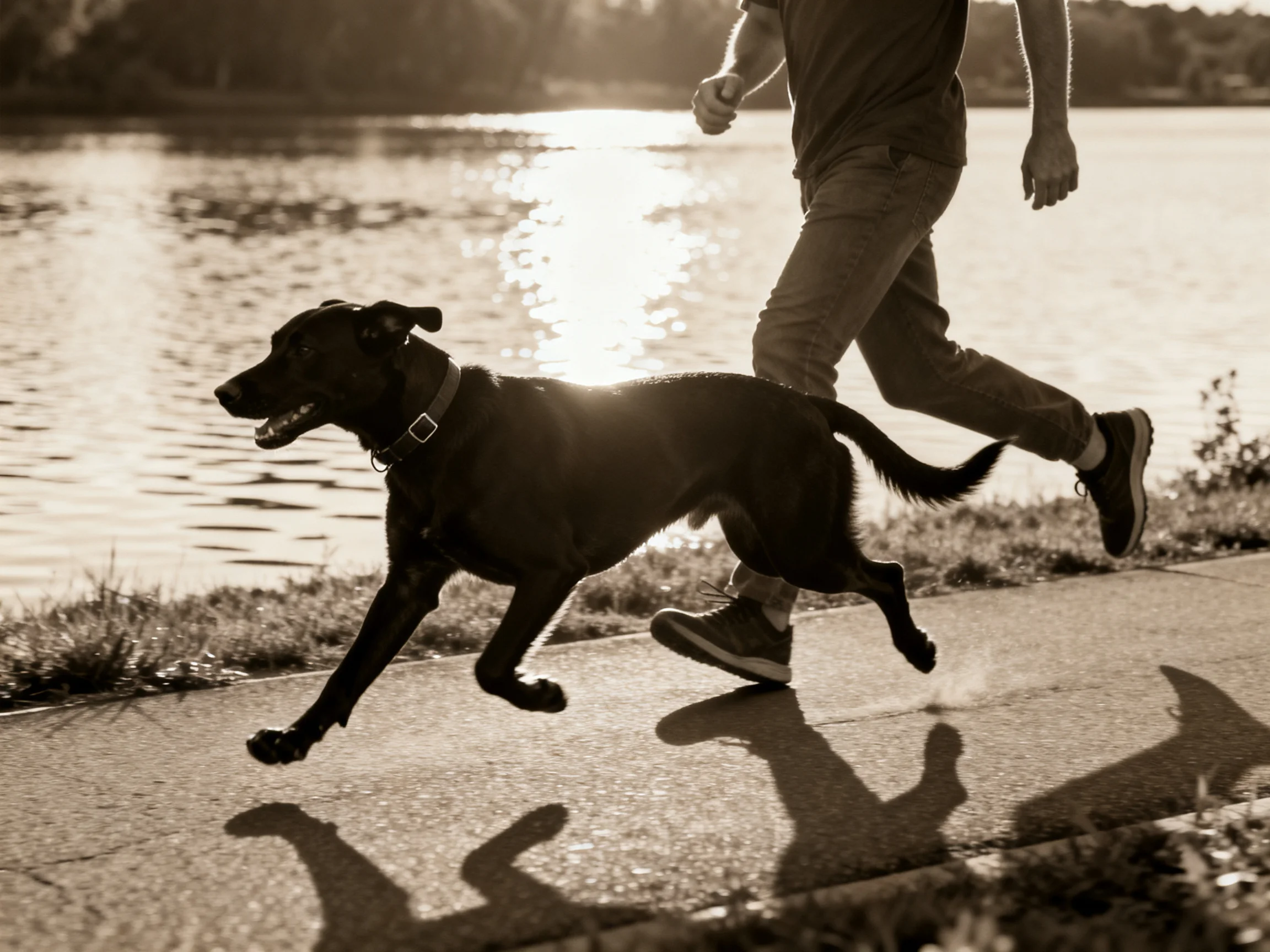 A man jogging with a black dog by a shimmering lake