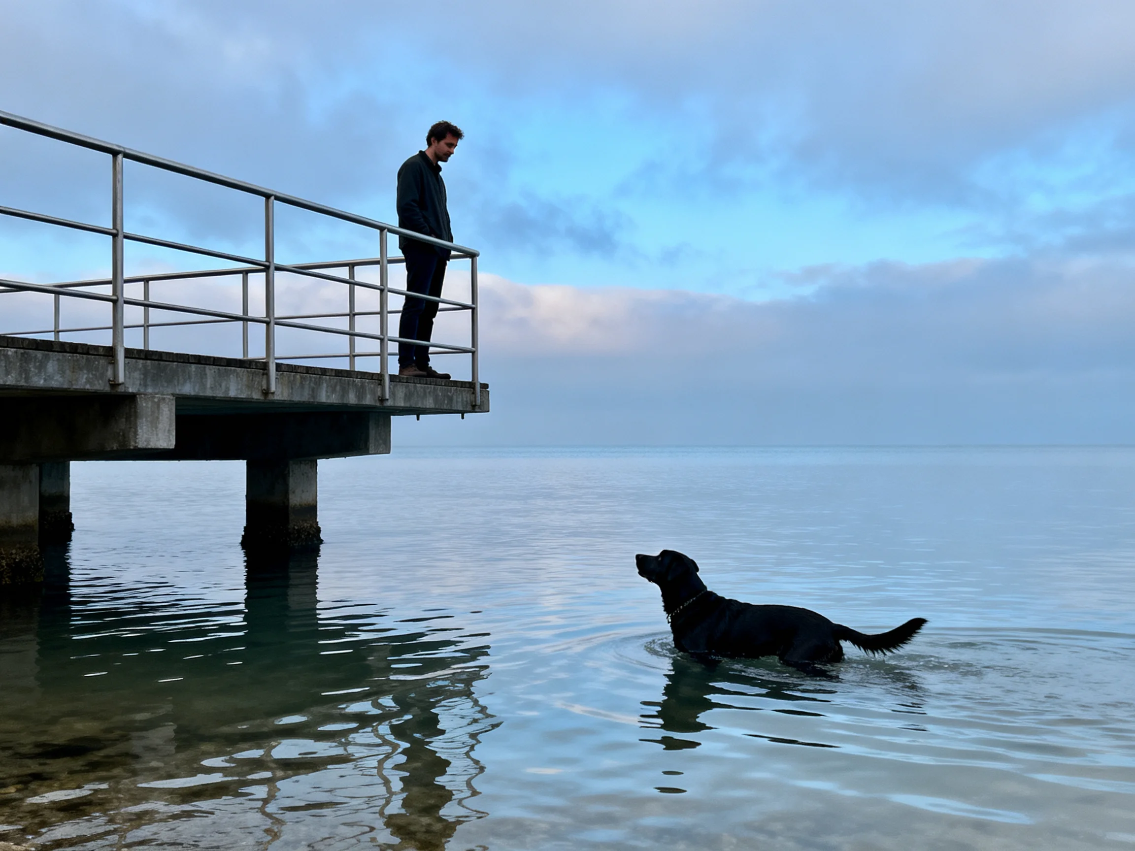 A man on a concrete pier watches his black dog swim