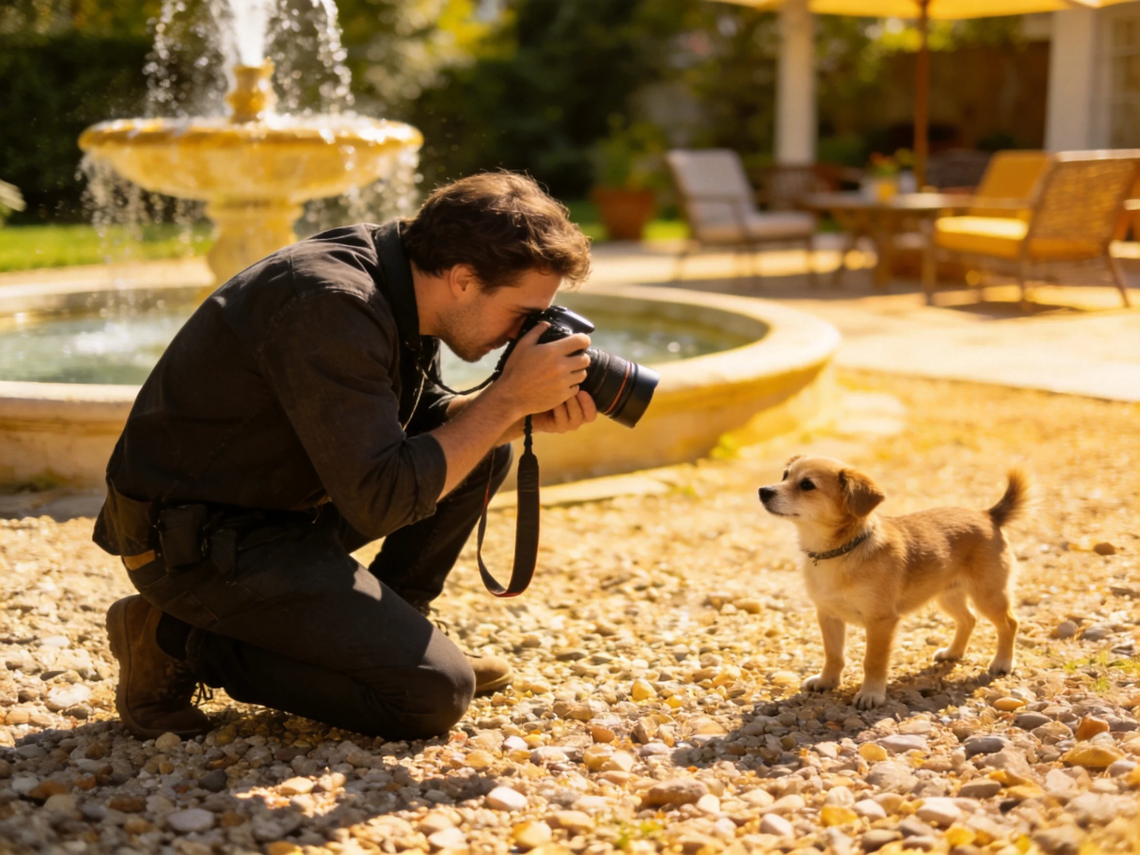 A man photographs a small tan puppy near a golden outdoor fountain