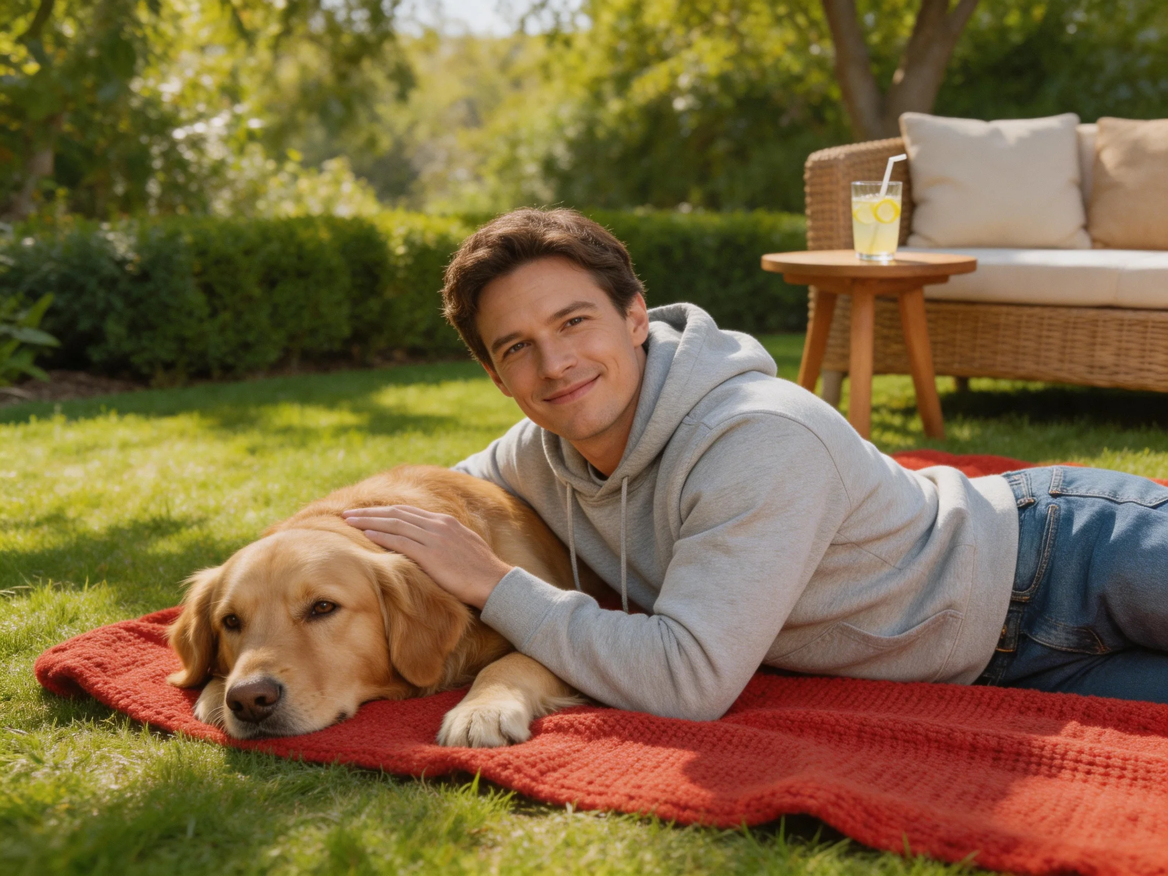 A man relaxes on a red blanket in a garden while petting his golden retriever