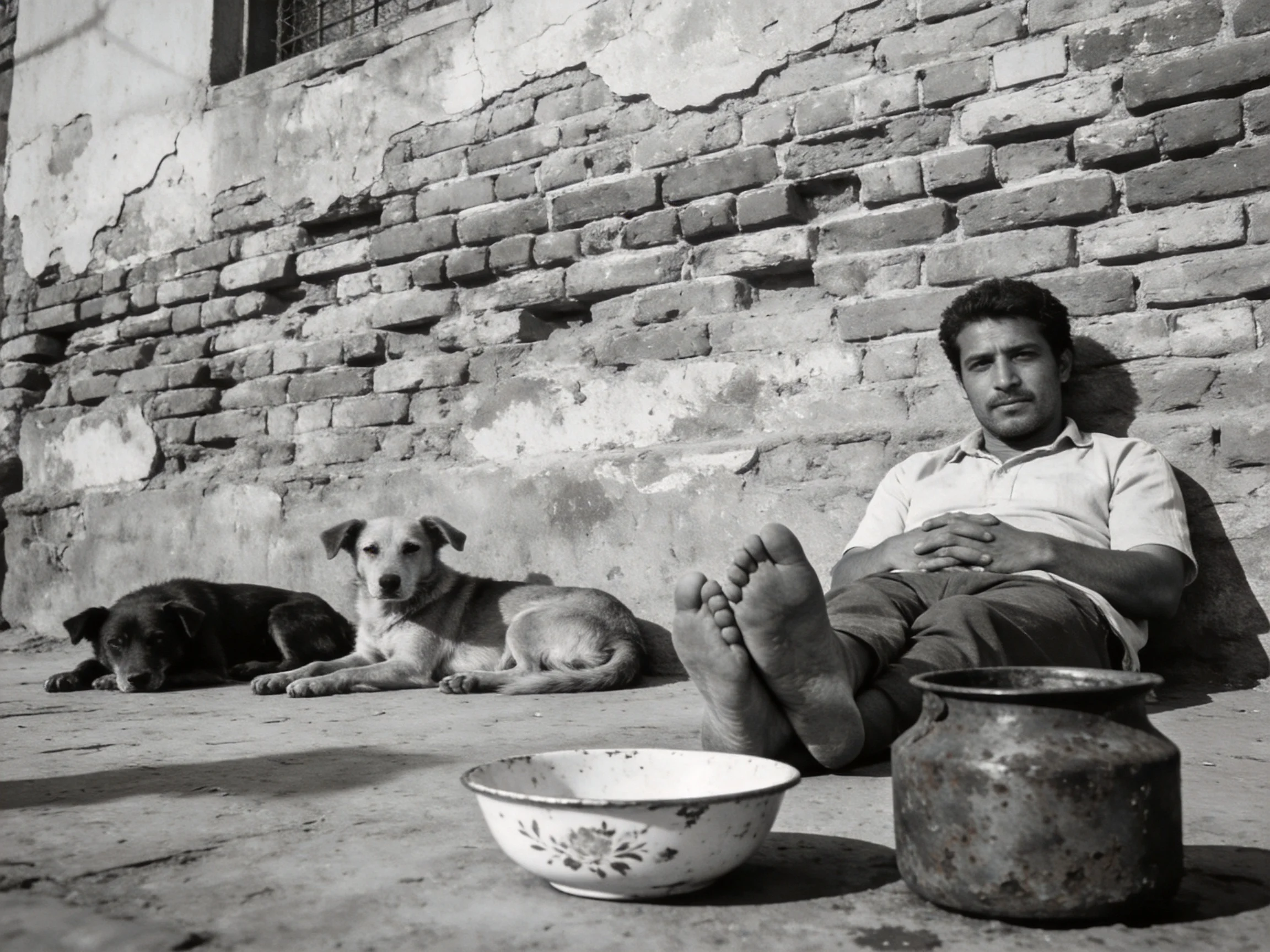 A man relaxes beside two dogs against an old brick wall with ceramic items.