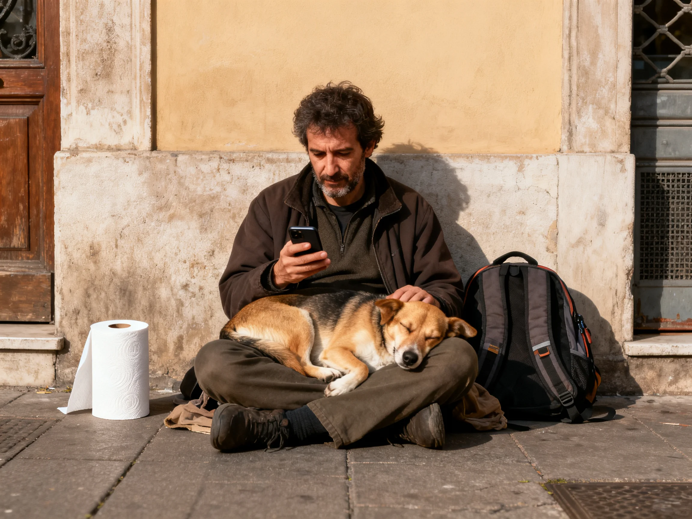 A man sits with a sleeping tan dog near a weathered stone building, holding a phone.