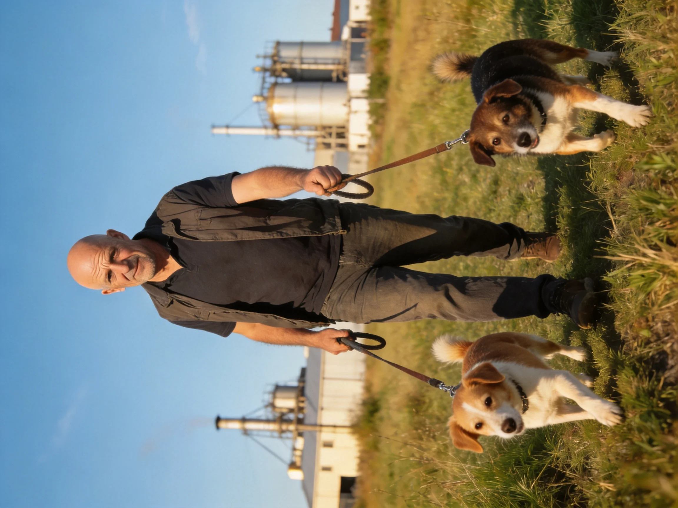 A man walks two brown-and-white dogs near industrial structures outside.