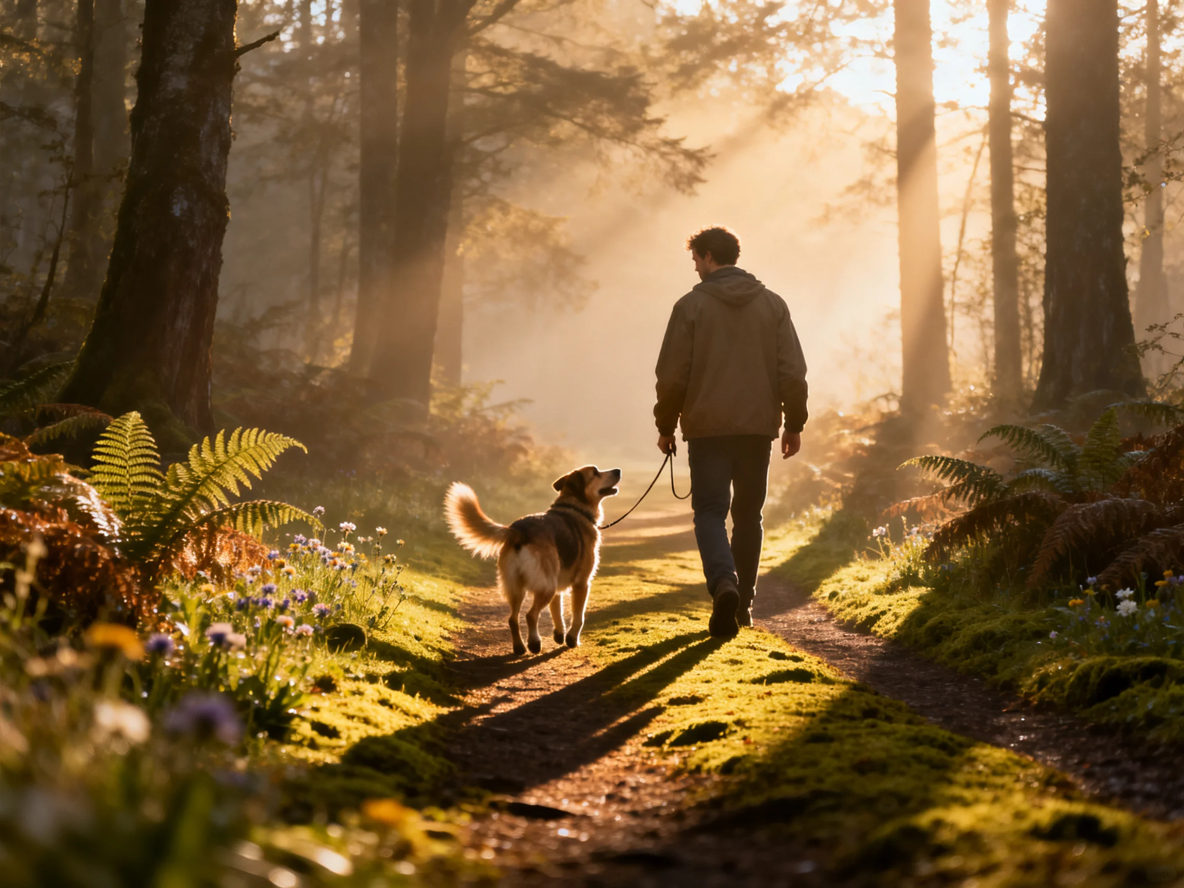 A man walks his dog along a sunlit forest path.