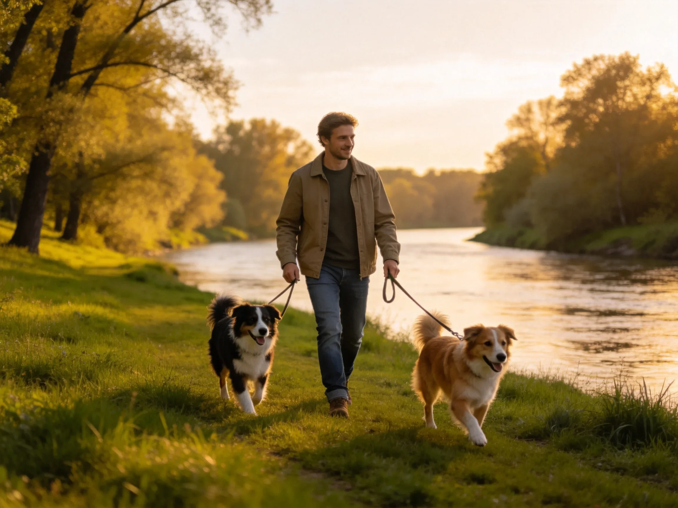 A man walks two dogs near a calm river during golden hour.