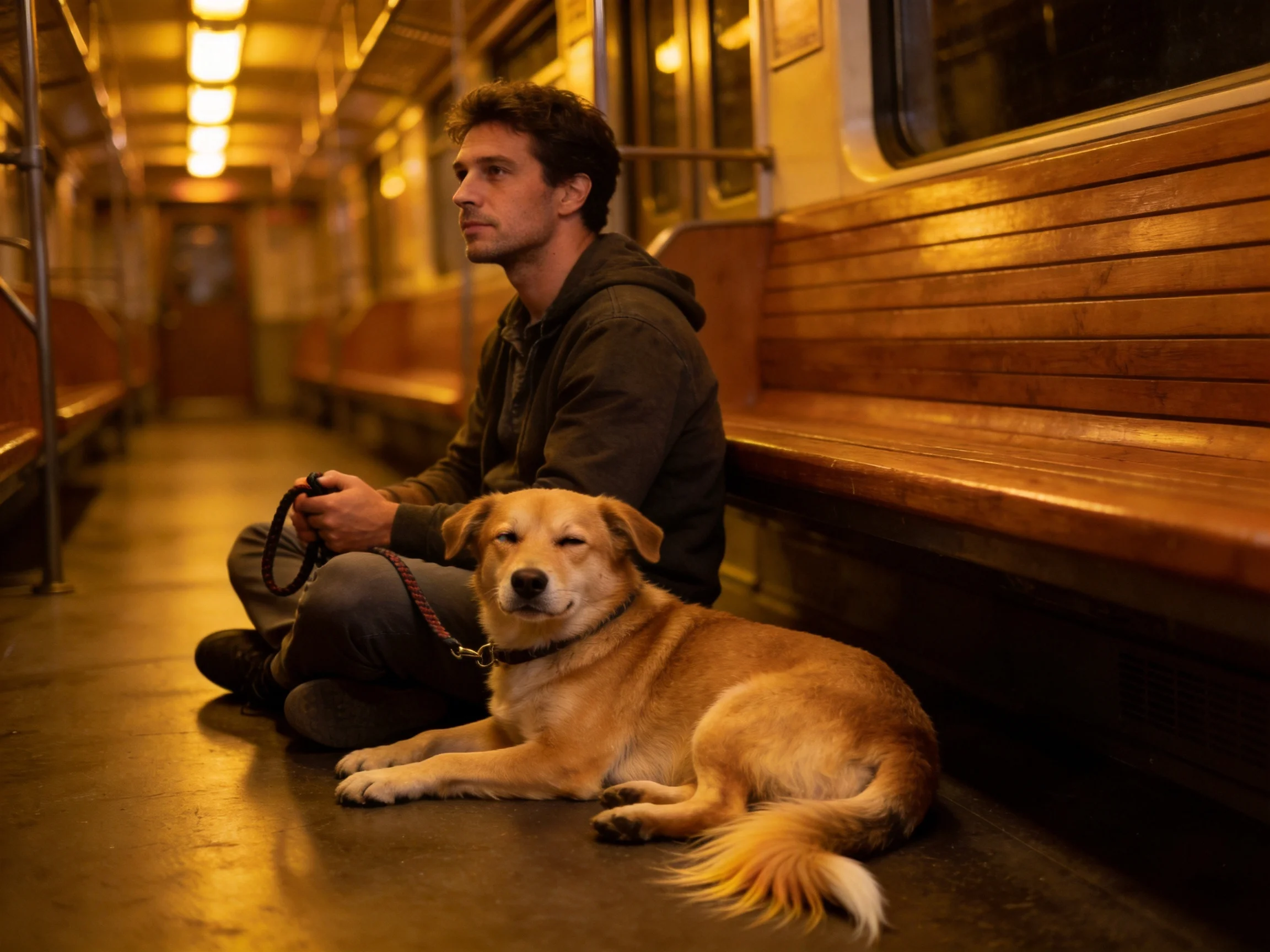 A man with a tan dog sits in a vintage wooden subway car