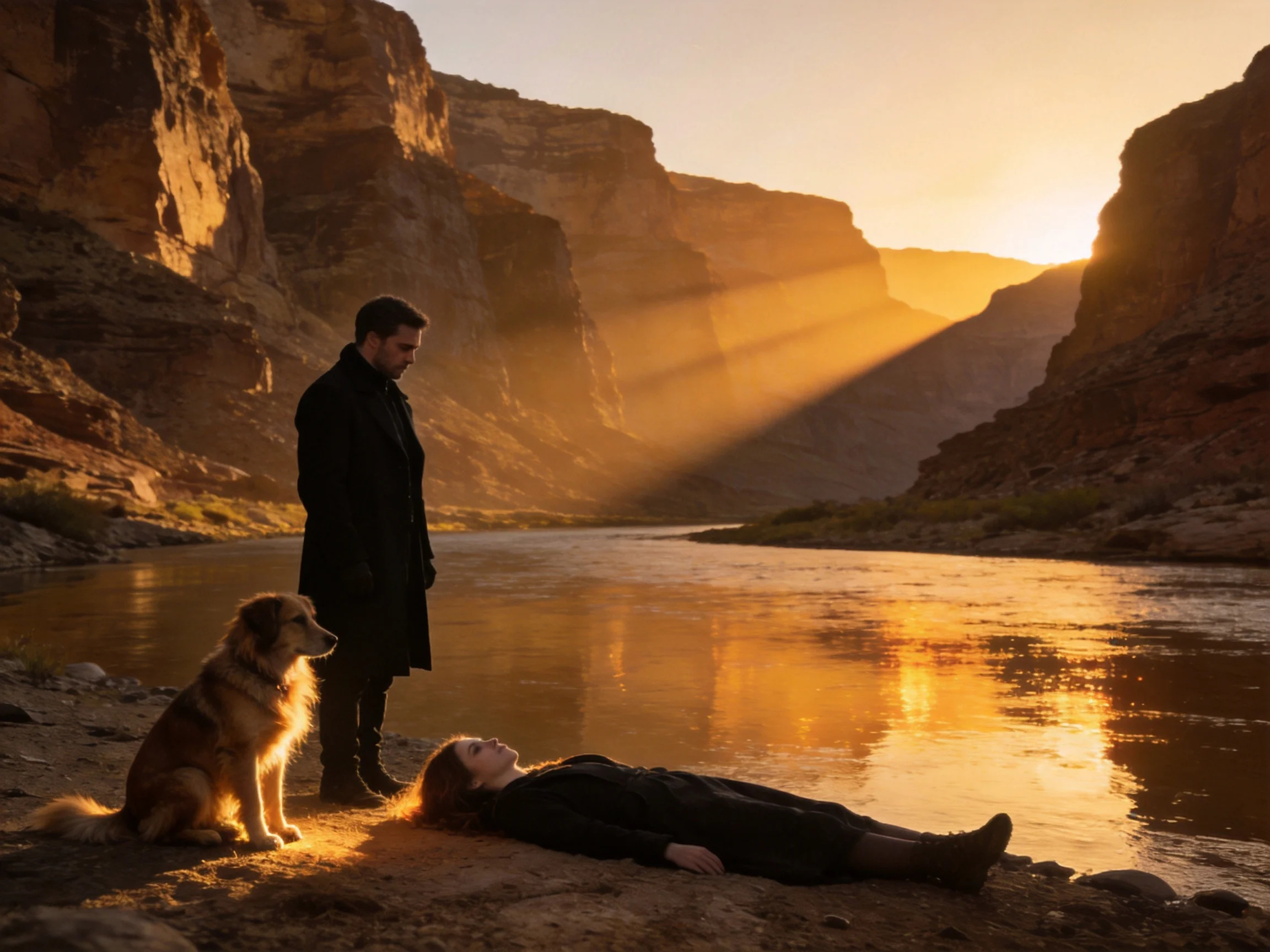 Three people and a dog rest near a glowing canyon river at sunset.