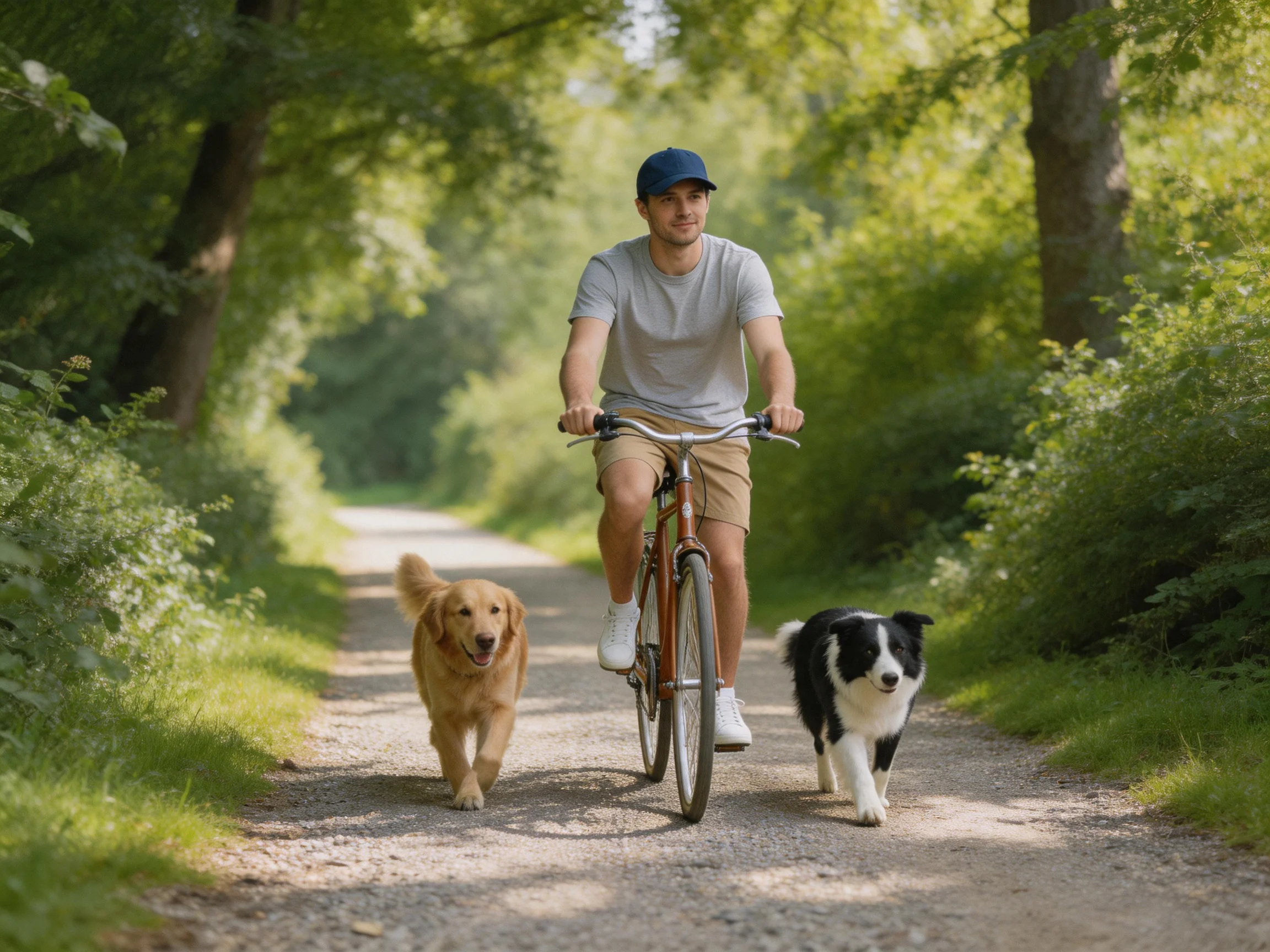 A man bikes with two dogs on a forest path.