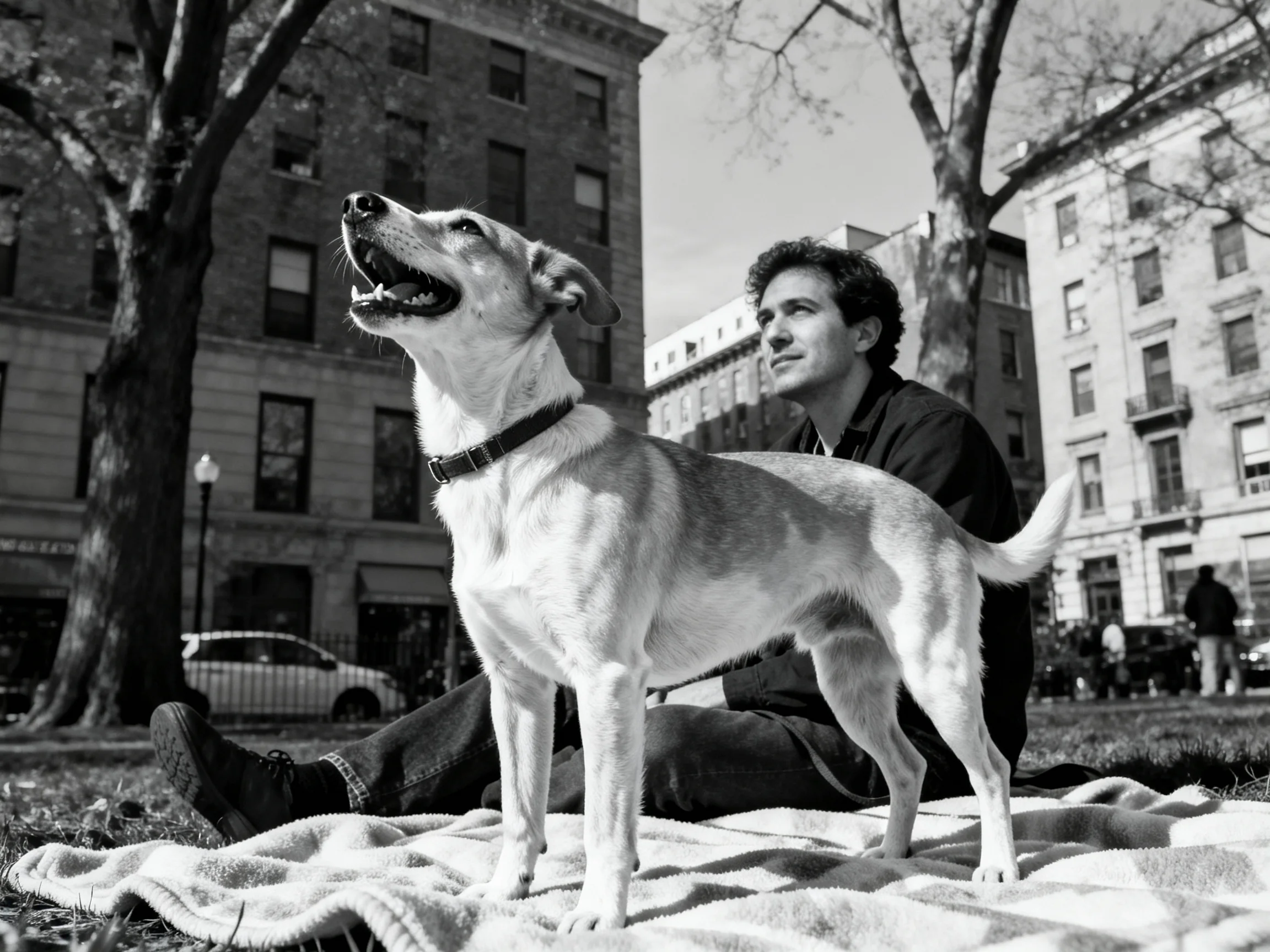 A dog stands on a blanket beside a seated individual in a city park.