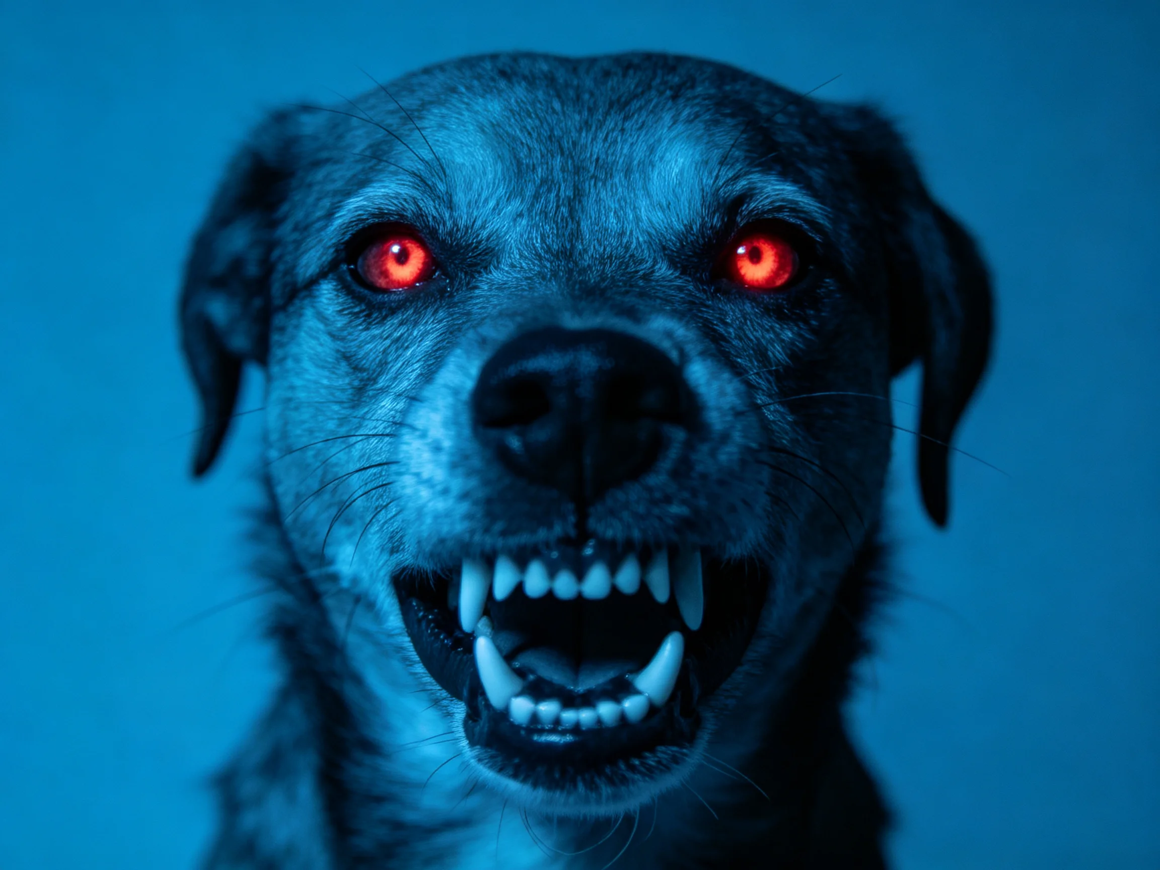 A menacing dog with glowing red eyes illuminated by intense blue lighting
