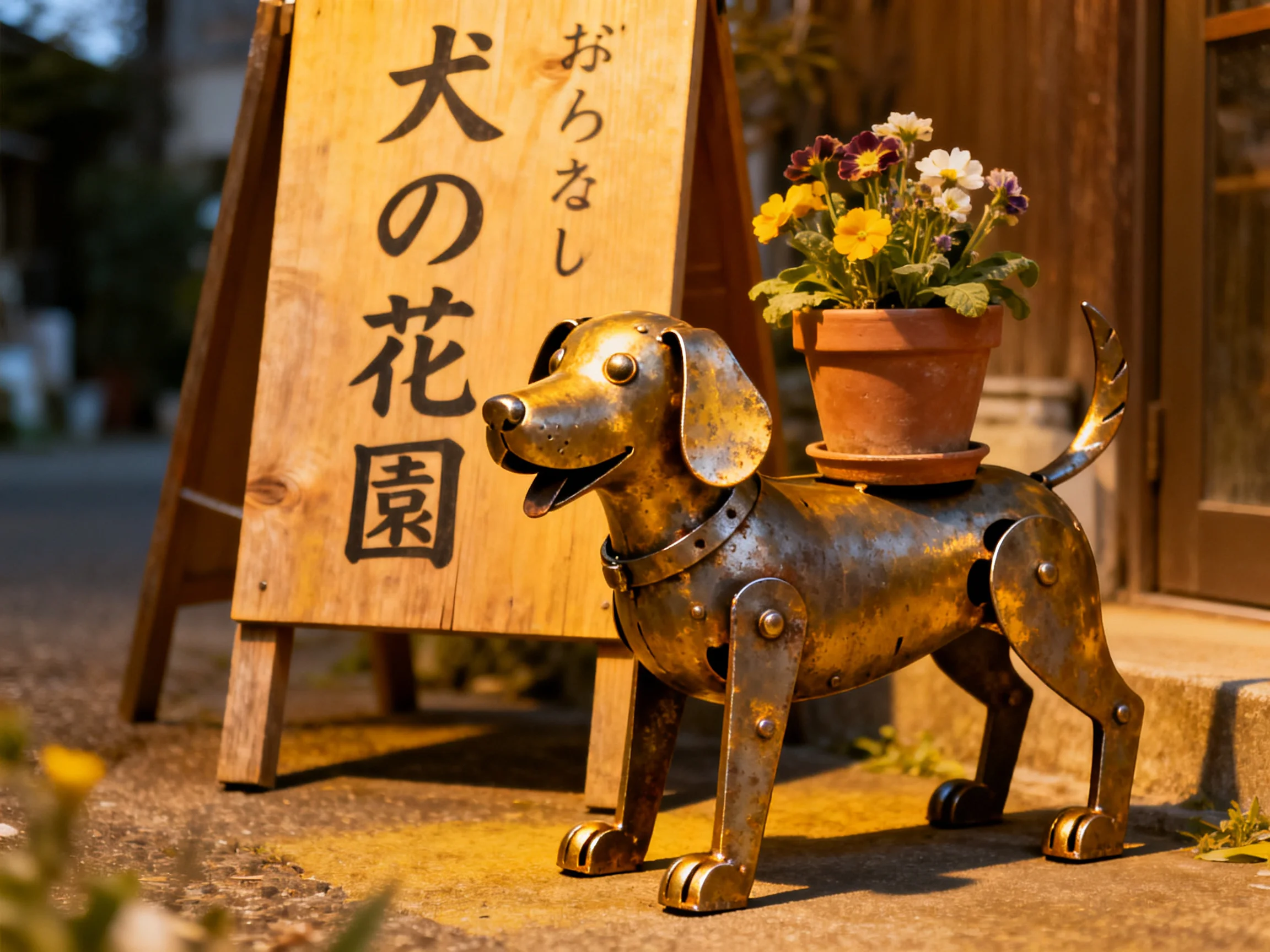 A metallic dog sculpture carries a terracotta flower pot near a wooden sign