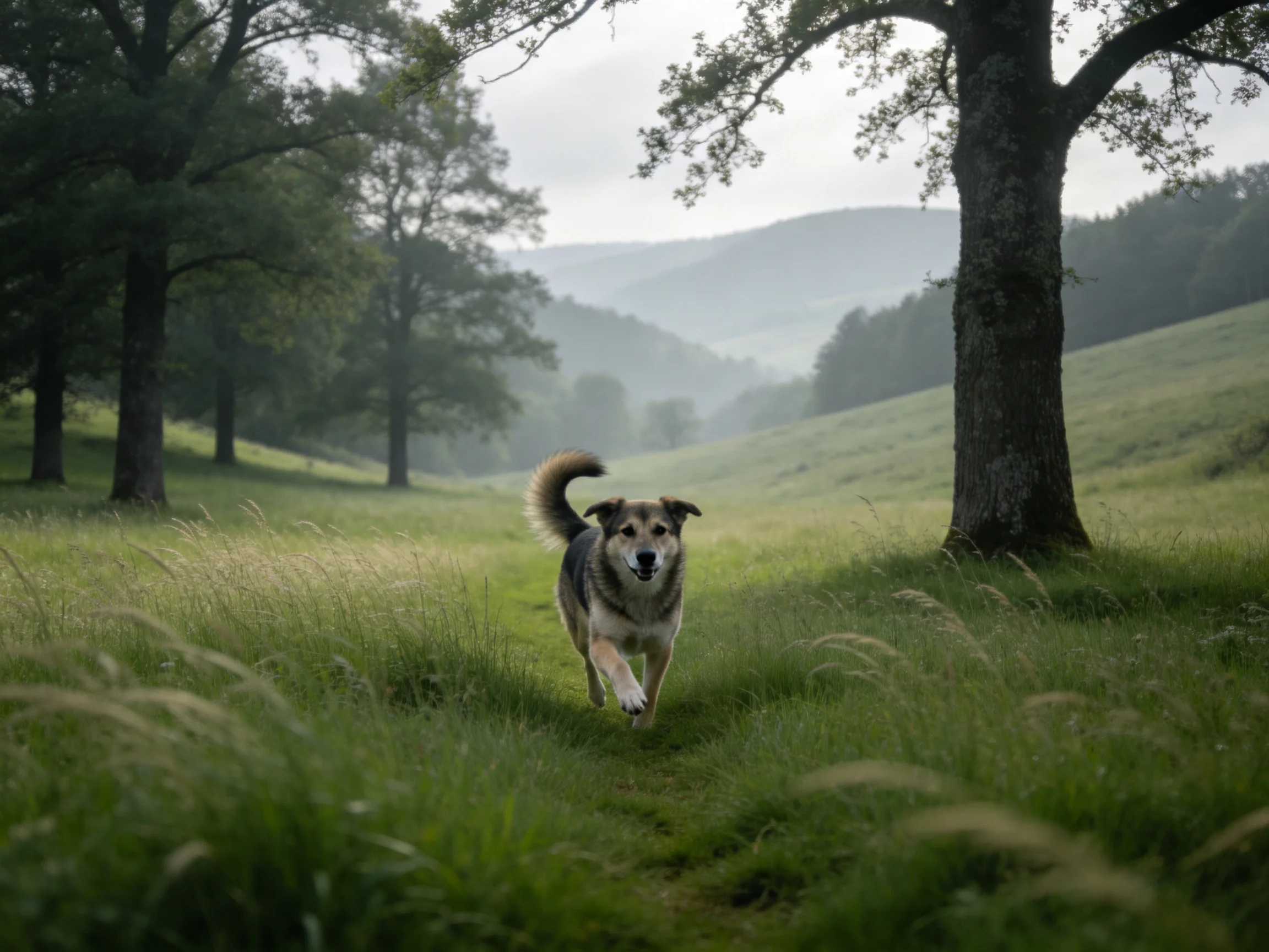 A mixed-breed dog runs through a lush green meadow near large trees
