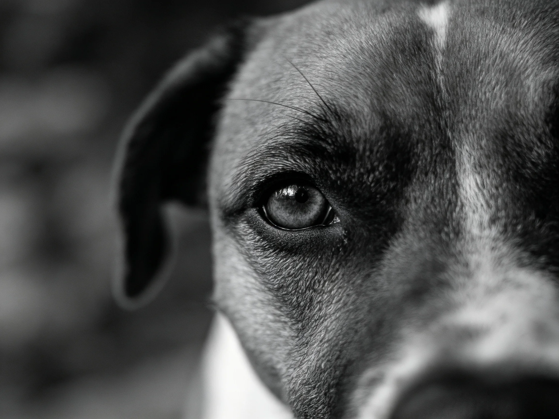 A monochrome close - up of a dog’s face emphasizing its expressive eye