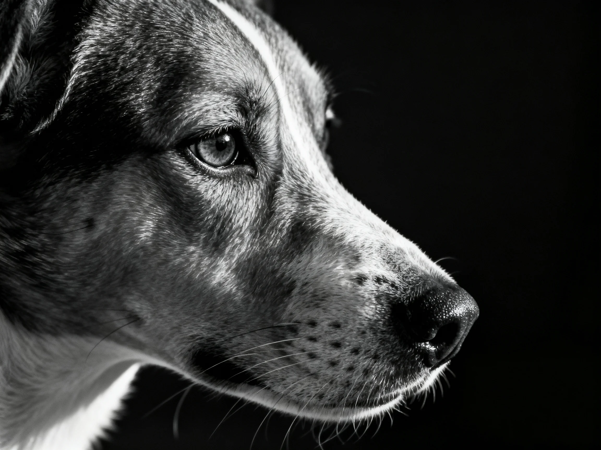 A monochrome close - up of a dogs profile with detailed facial textures
