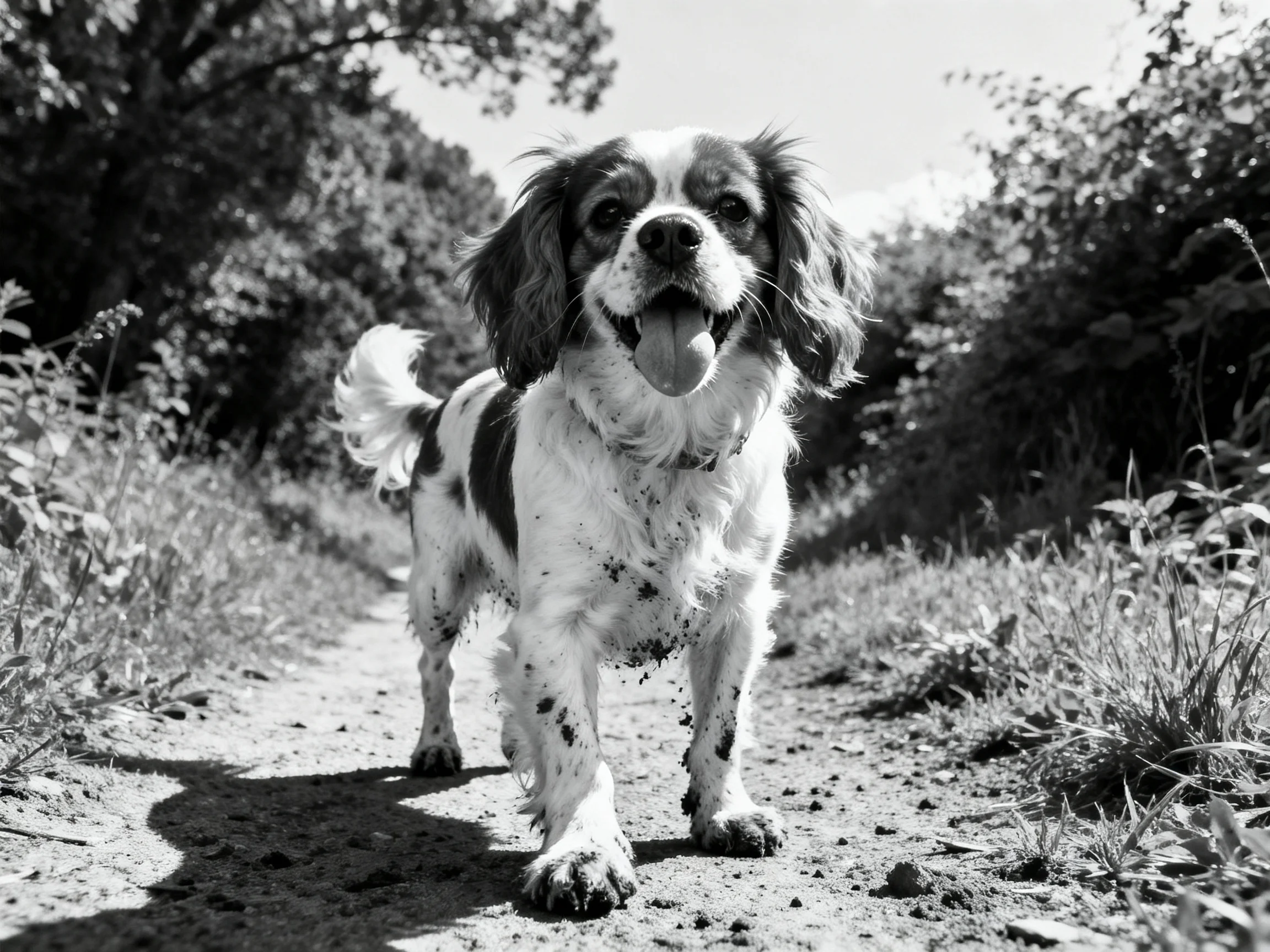 A muddy spaniel on a dirt path surrounded by foliage
