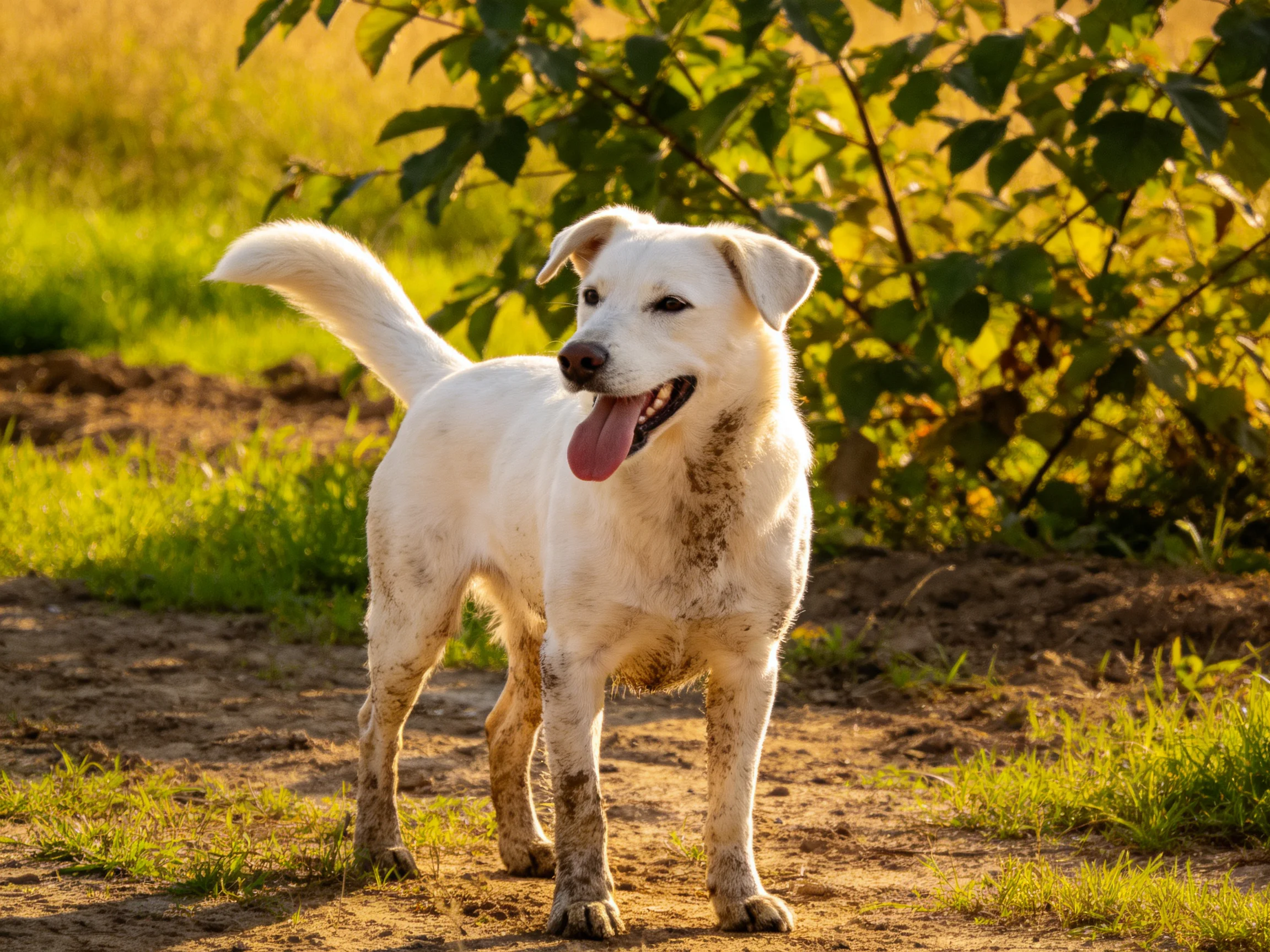A muddy white dog stands near lush green bushes on a dirt path