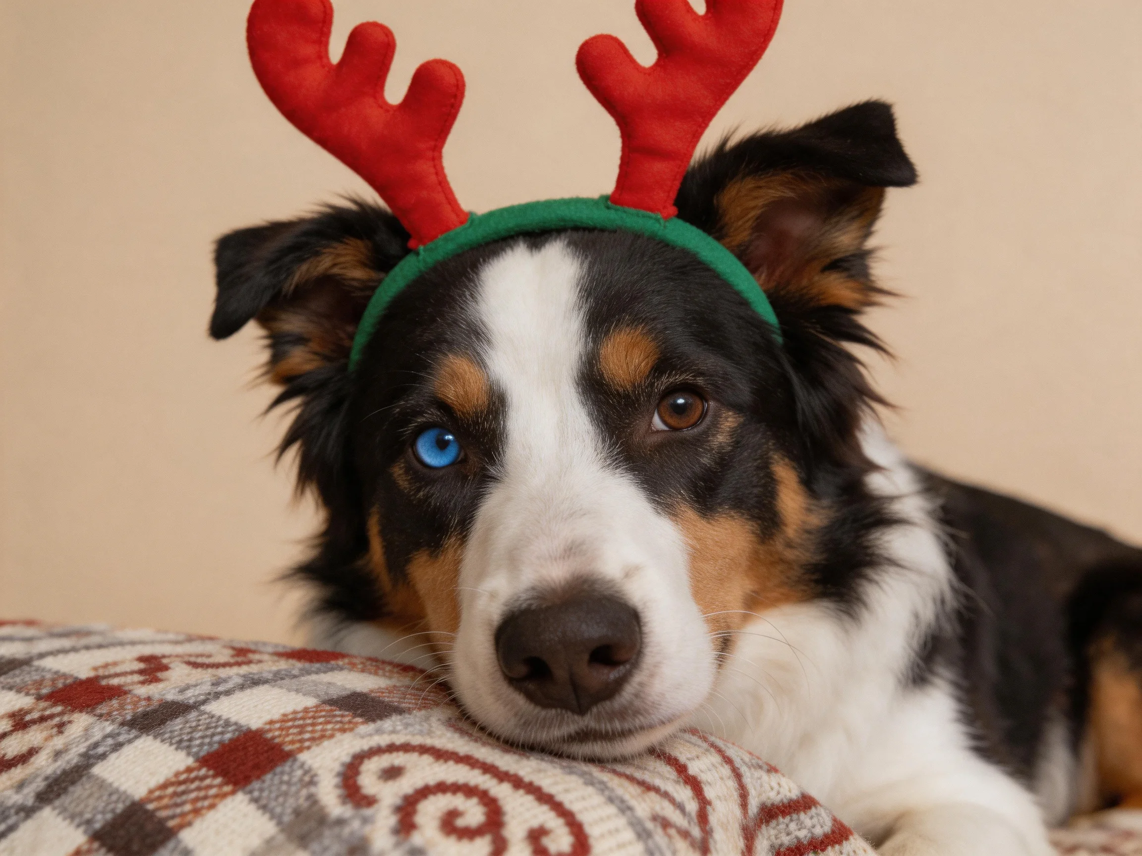 A multicolored dog with red reindeer antlers rests on a cushion.