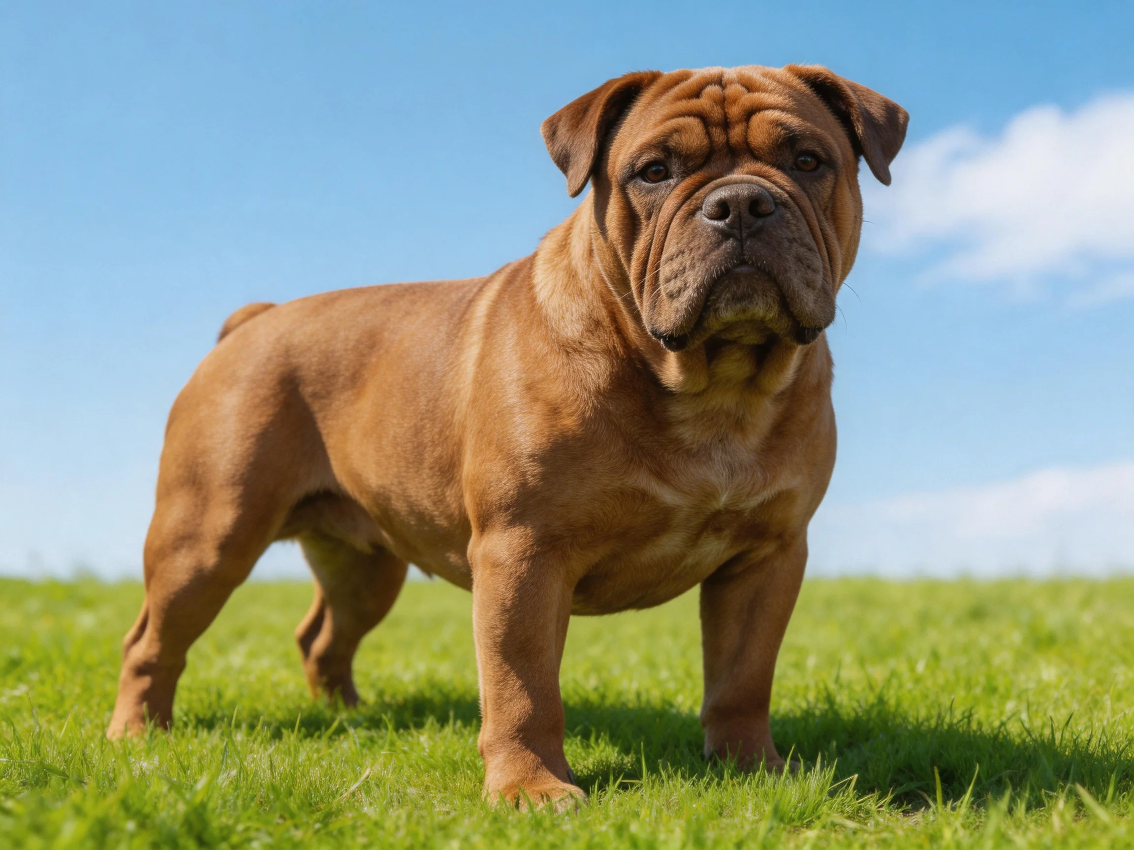A muscular brown bulldog stands on vibrant green grass beneath a clear blue sky