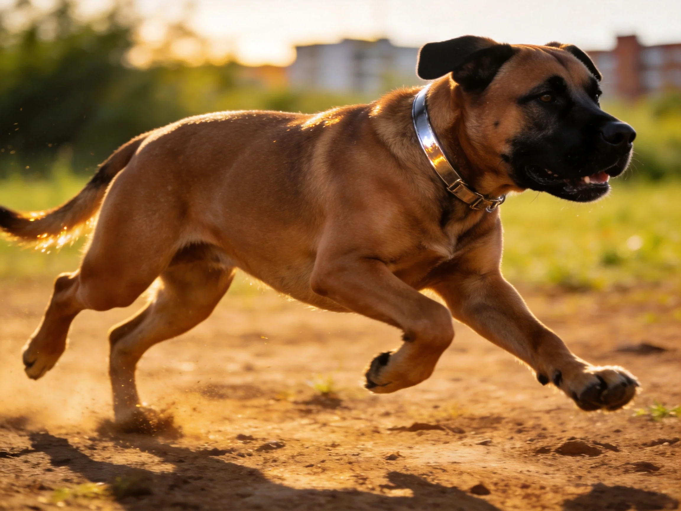 A muscular brown dog sprints across a dusty field near buildings