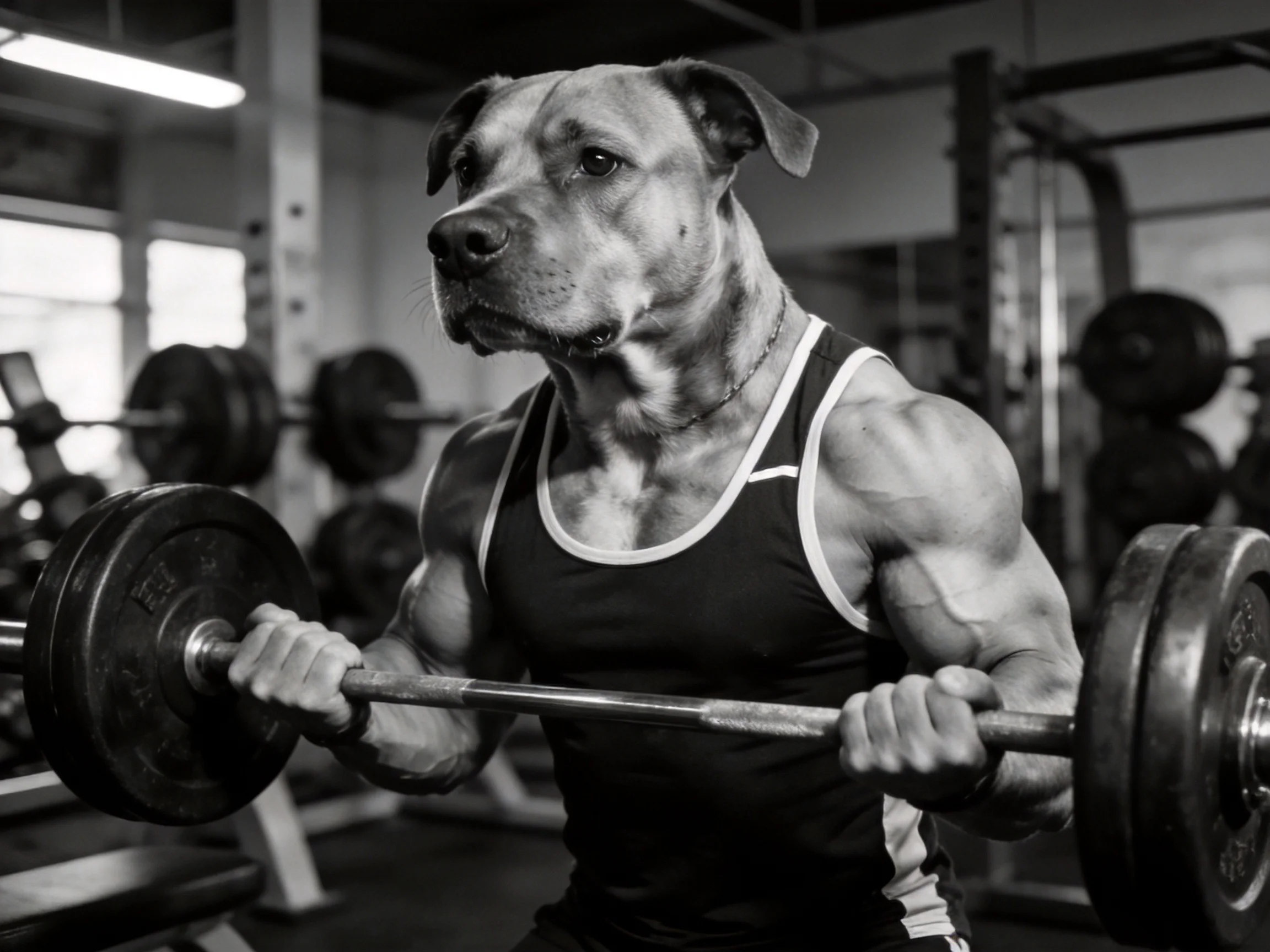 A muscular dog lifts dumbbells while working out in a gym.