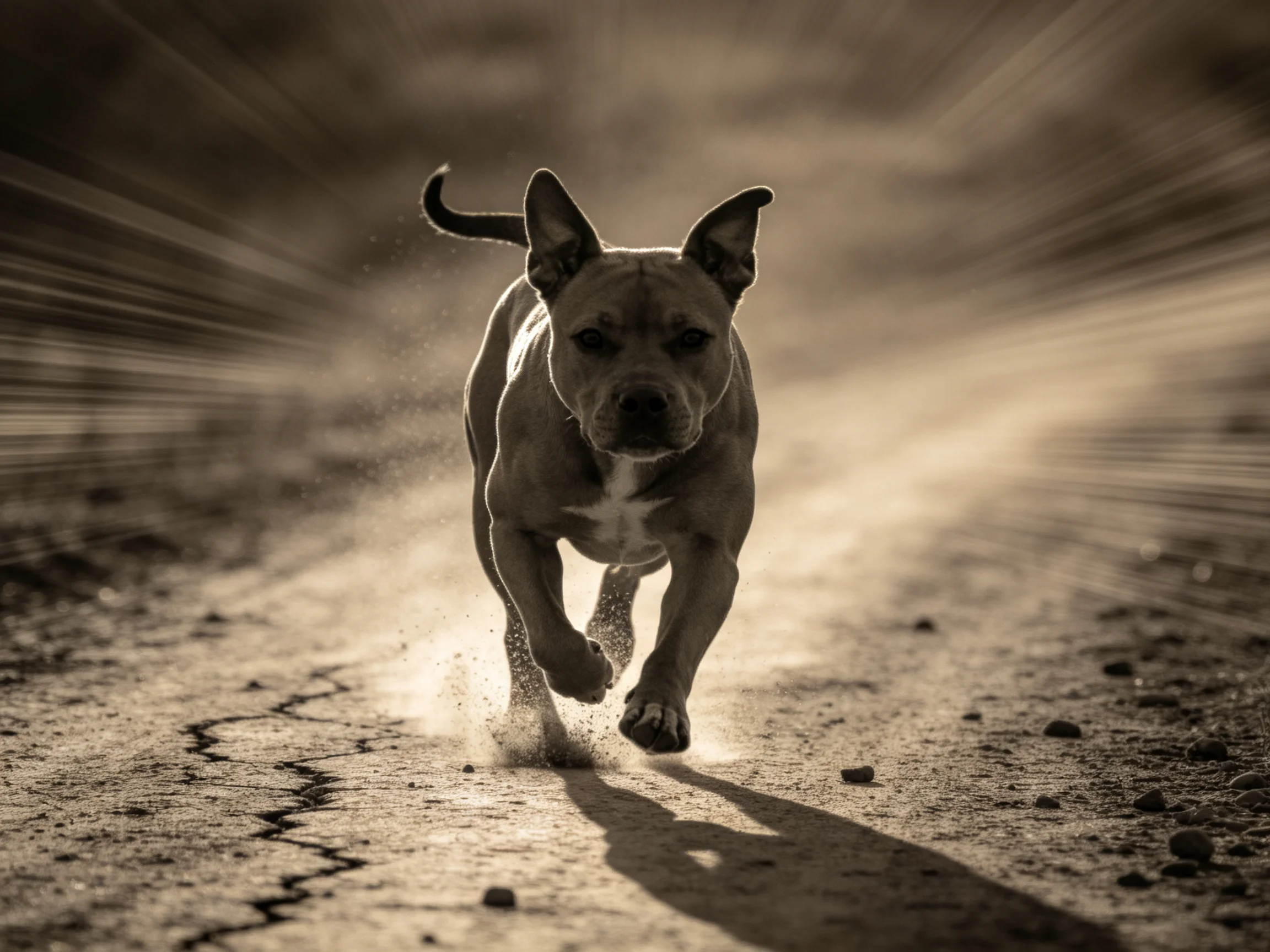 A muscular dog sprinting down a dusty rural dirt road