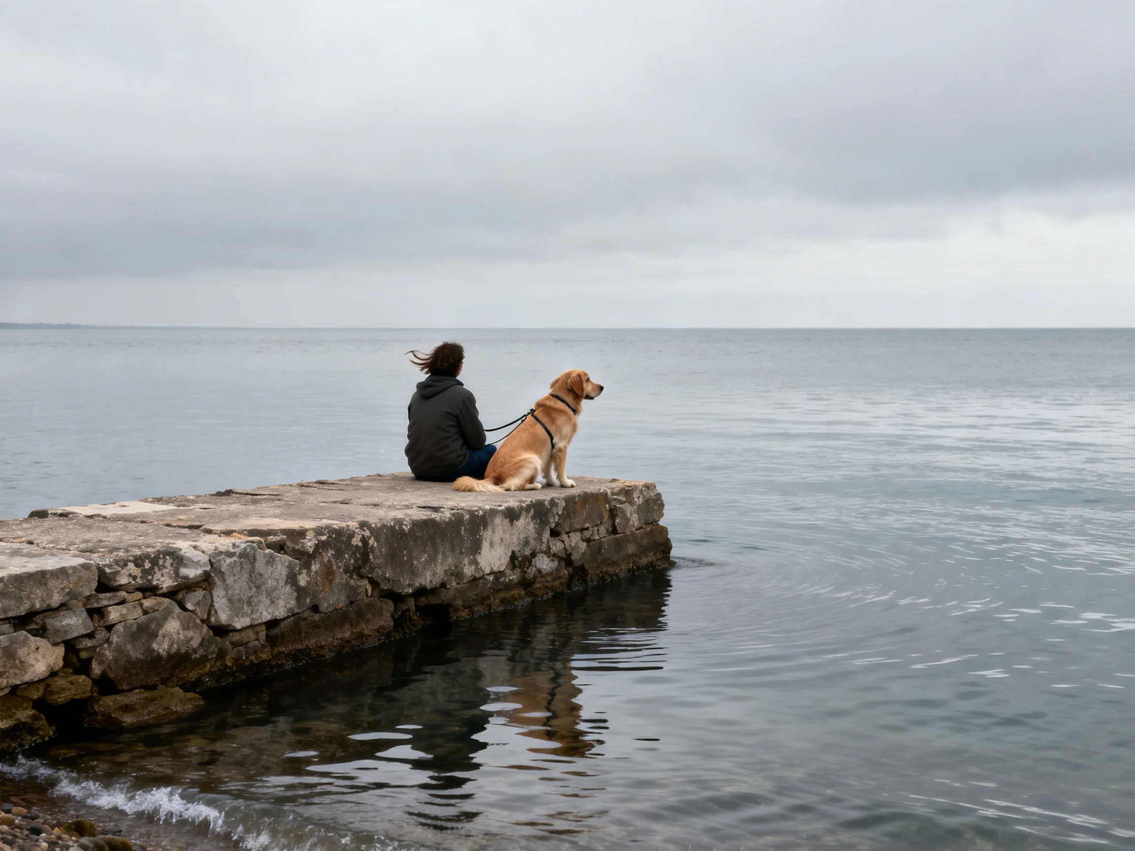 Person and dog sit on stone pier by calm water.
