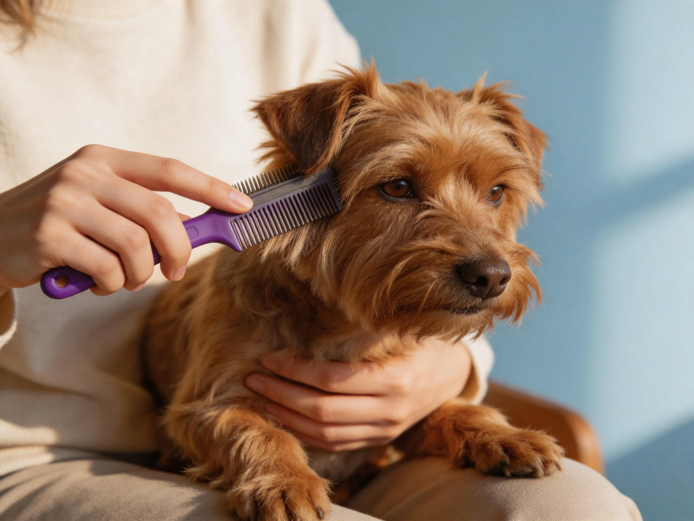 A person brushes a brown terrier with a purple grooming comb
