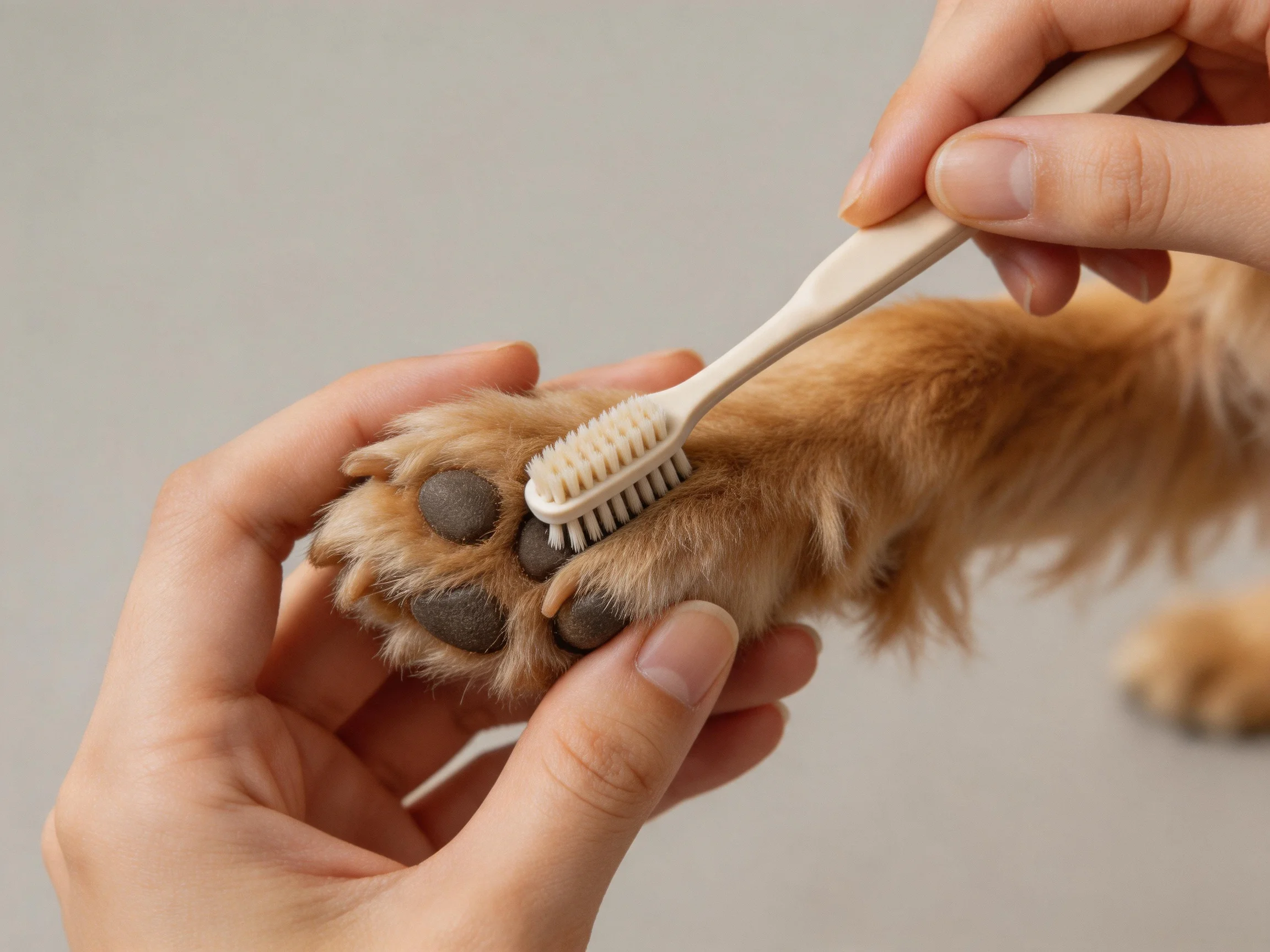 A person brushes a golden retriever’s paw with a small brush.