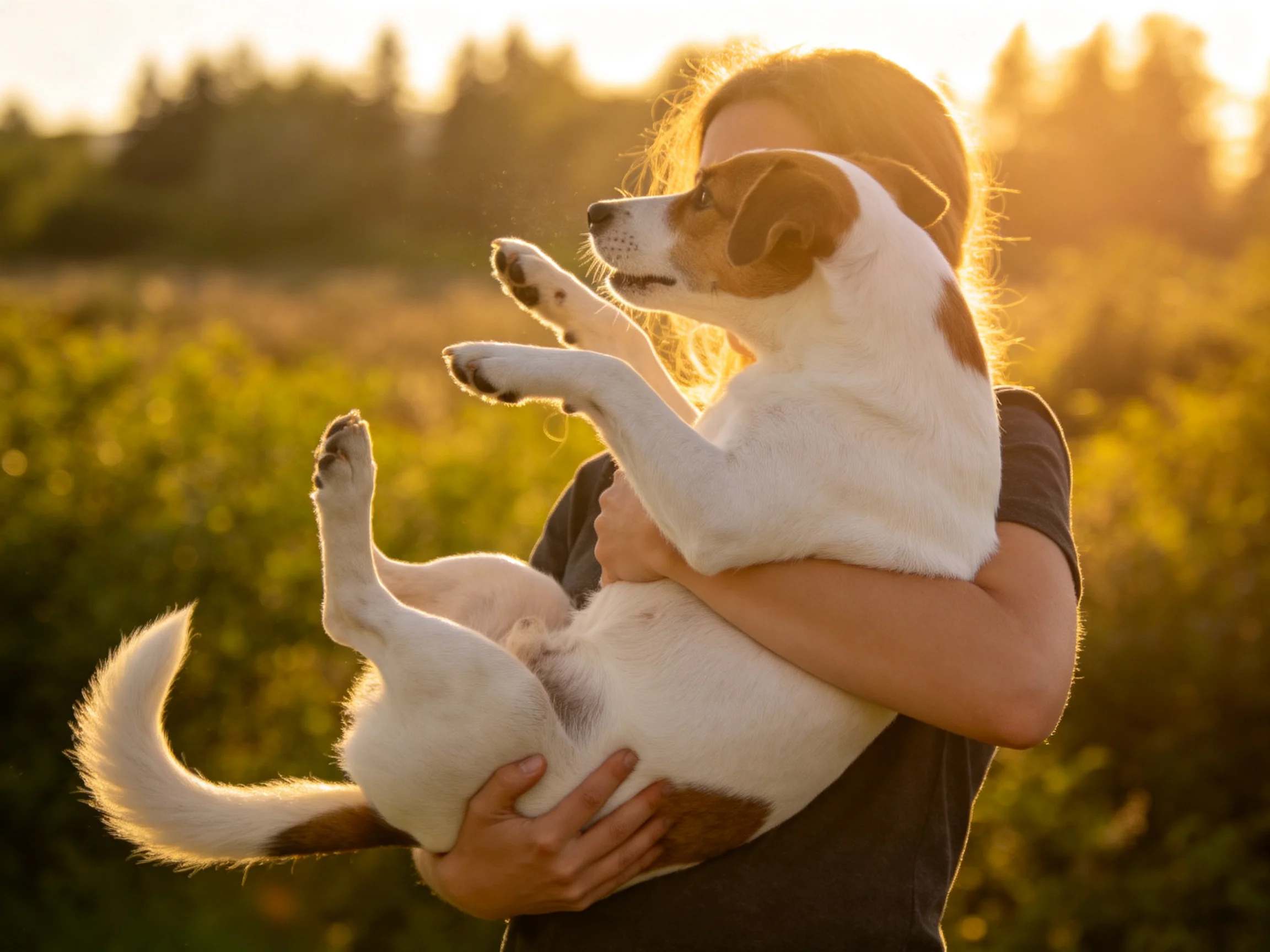 A person holding a white and brown dog in a sunlit field