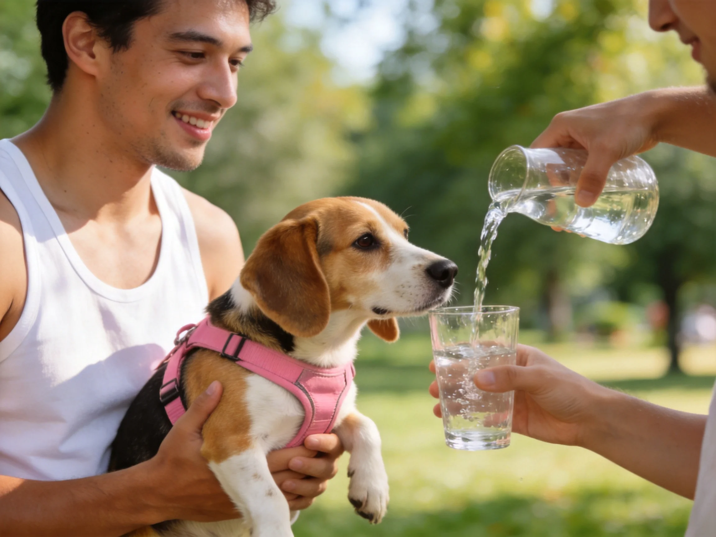 A person holds a beagle in a pink harness as another pours water into a glass outdoors