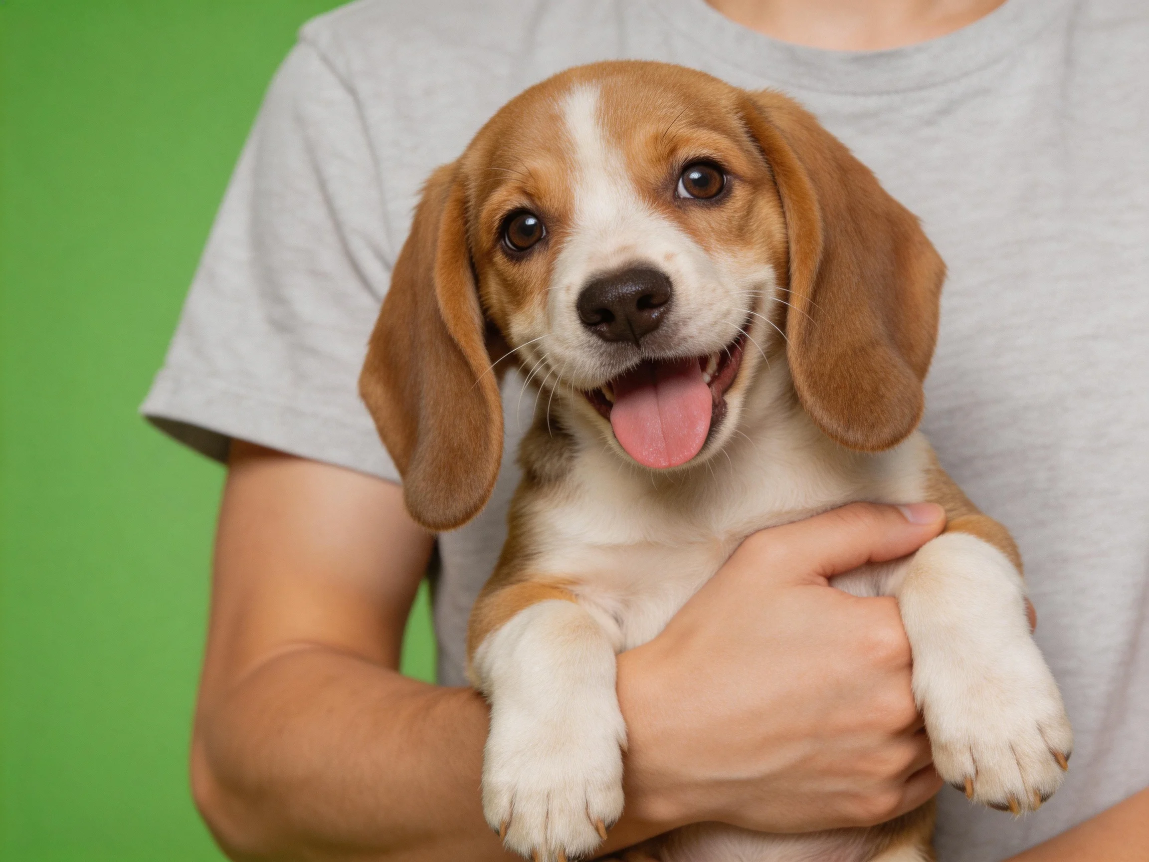 A person holds a cheerful brown-and-white beagle puppy against a green backdrop