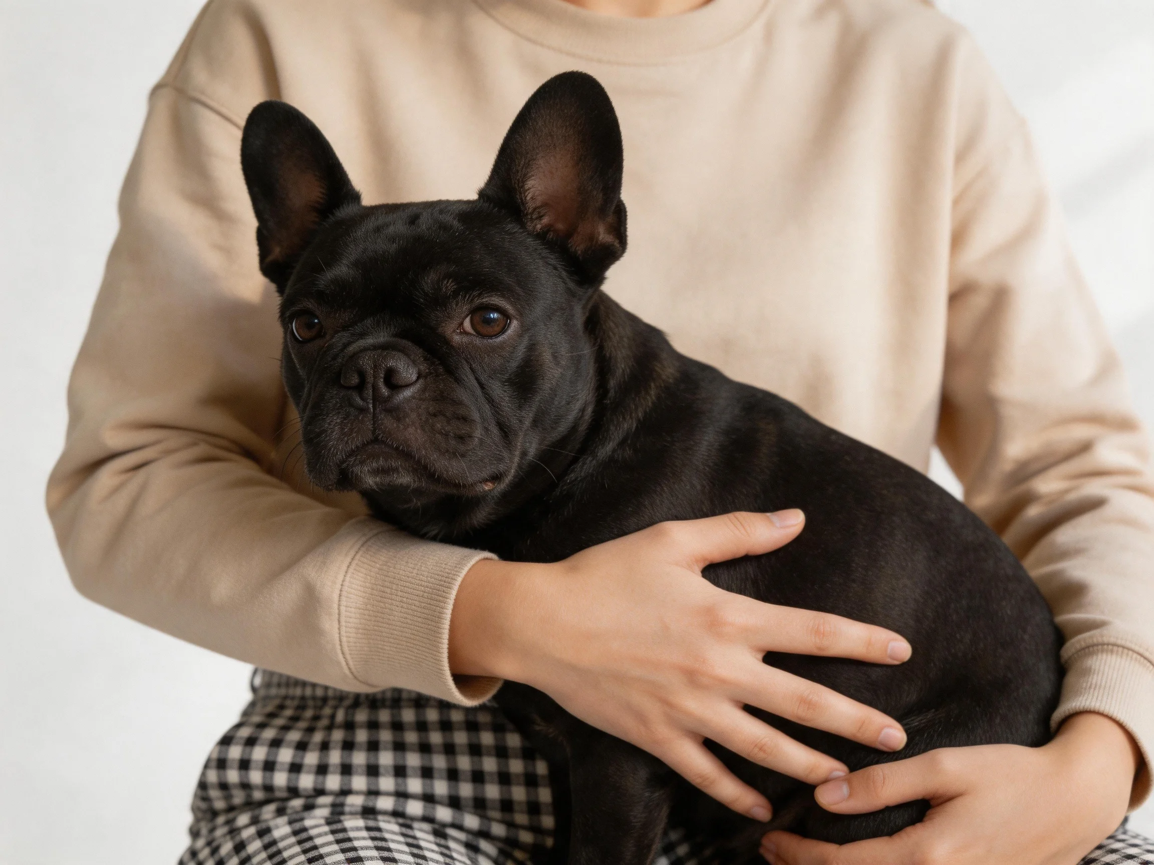 A person holds a small black French Bulldog in a beige top