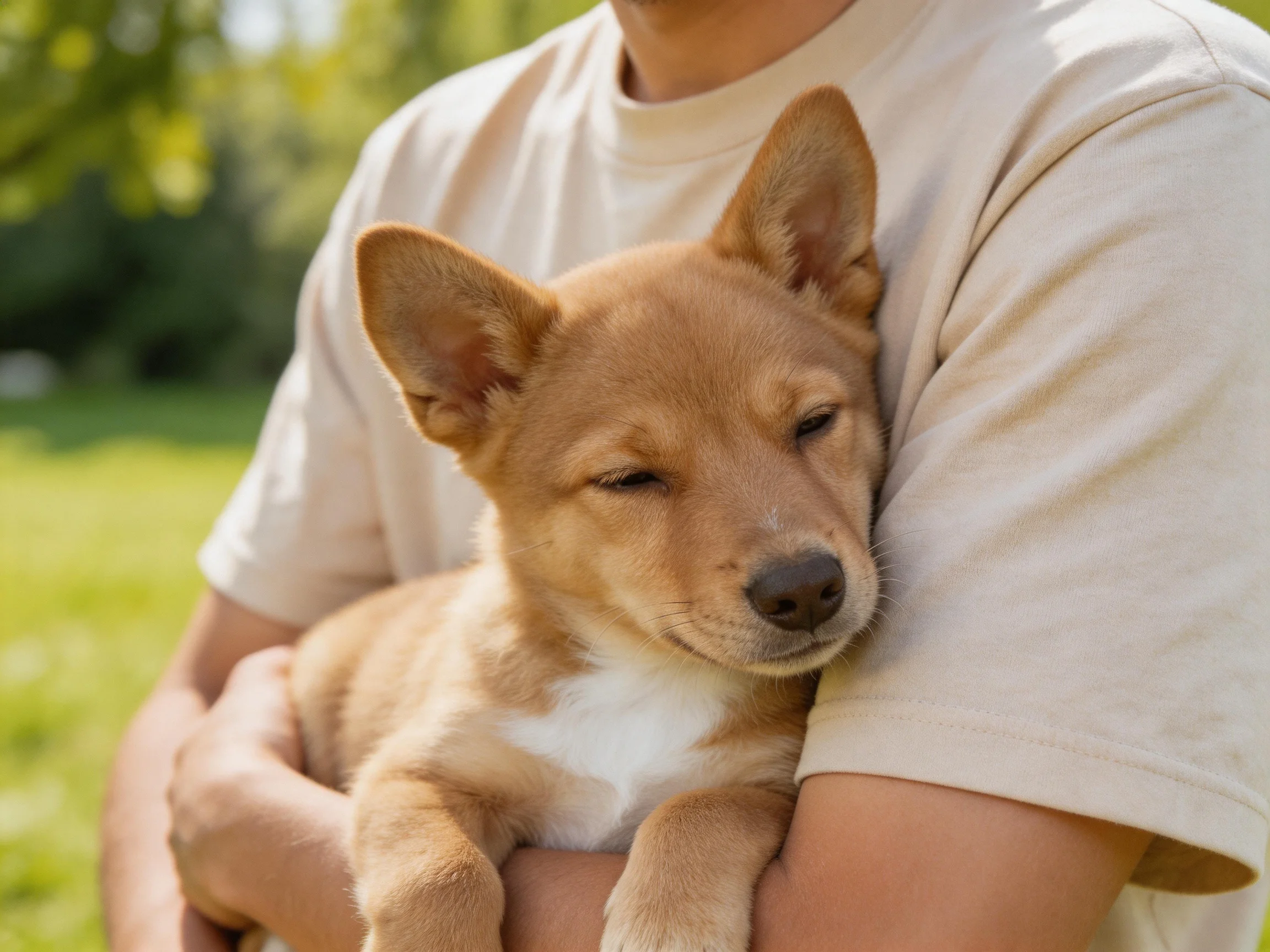 A person holds a tan and white puppy in a sunlit outdoor area.