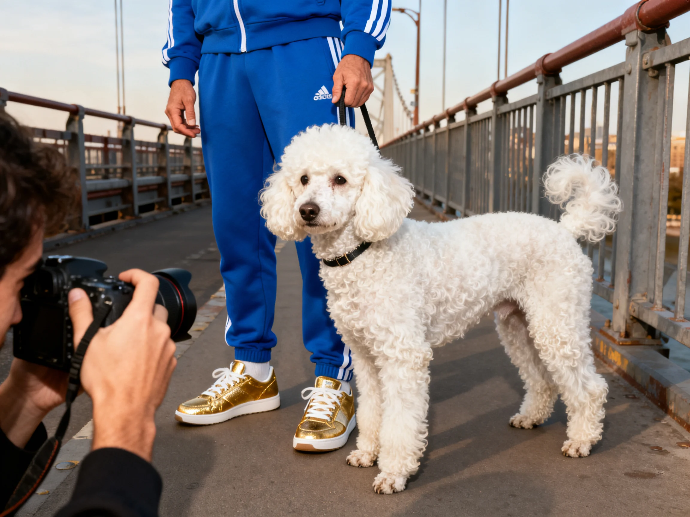 A person in a blue tracksuit poses with a white poodle on a bridge