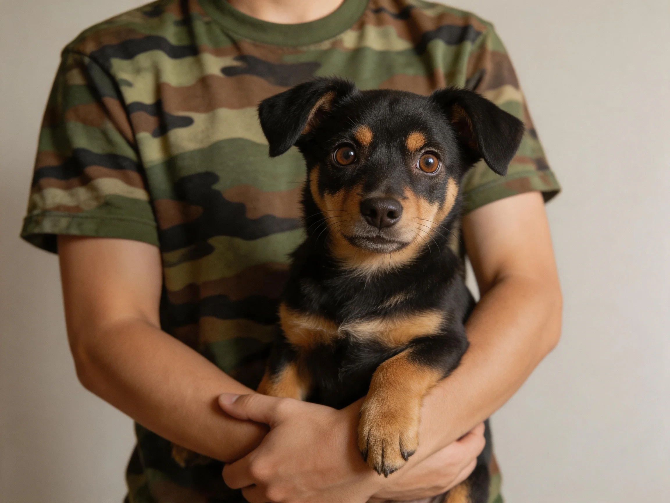 A person in a camouflage shirt holds a small black and tan puppy