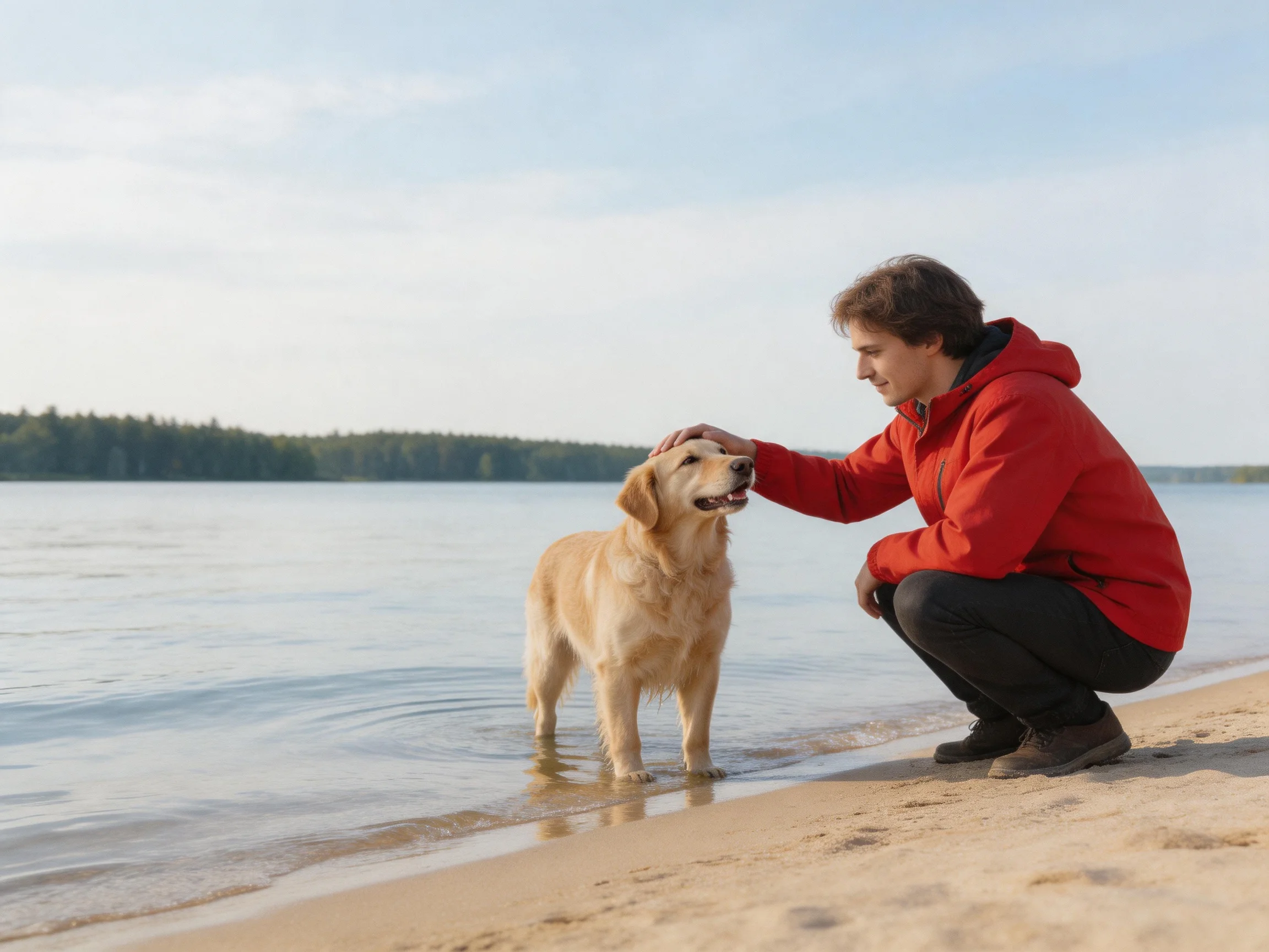 A person in a red hoodie pets a golden retriever at a sandy lakeshore