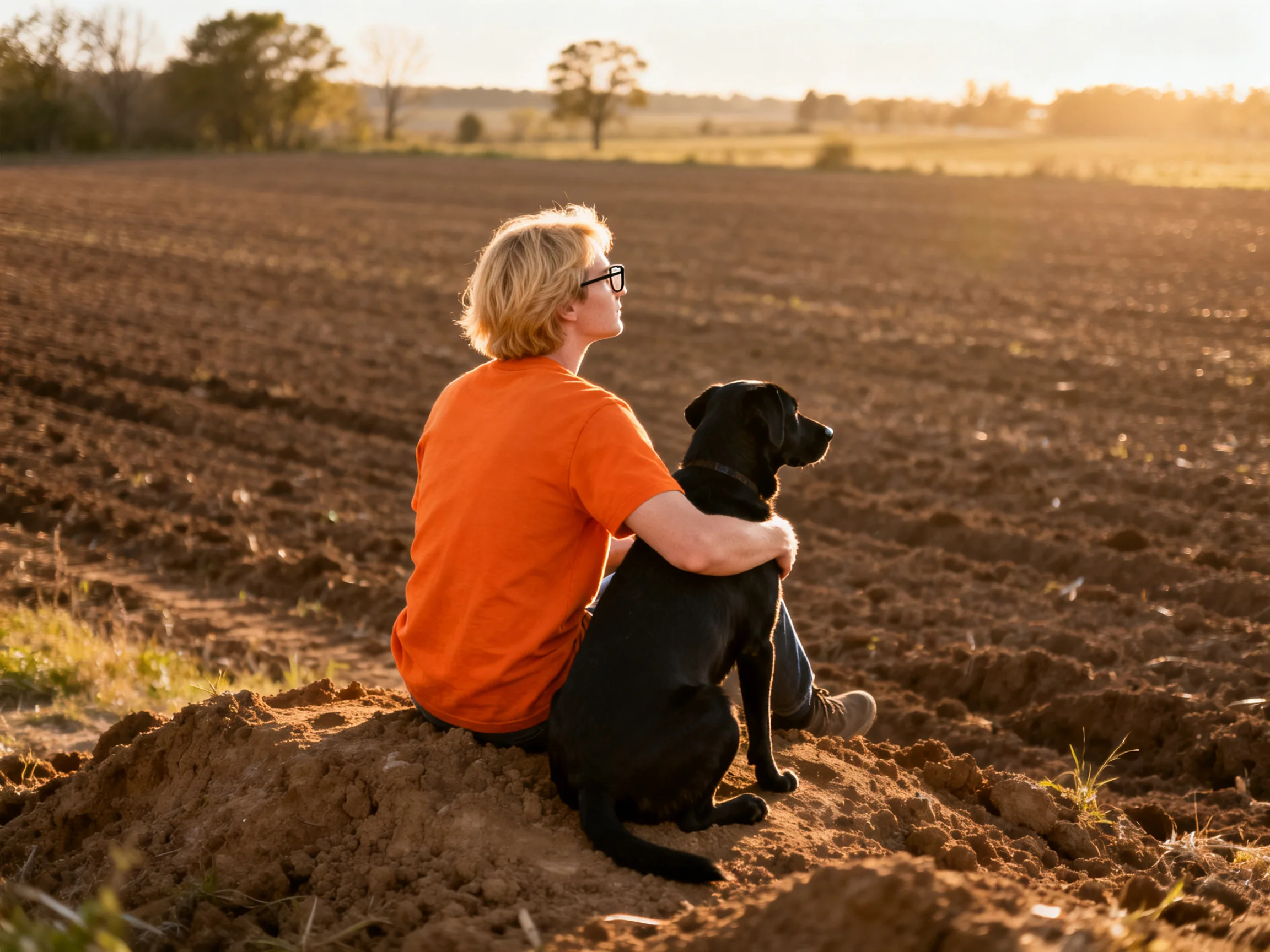 A person in an orange shirt sits with a black dog in a plowed field at sunset