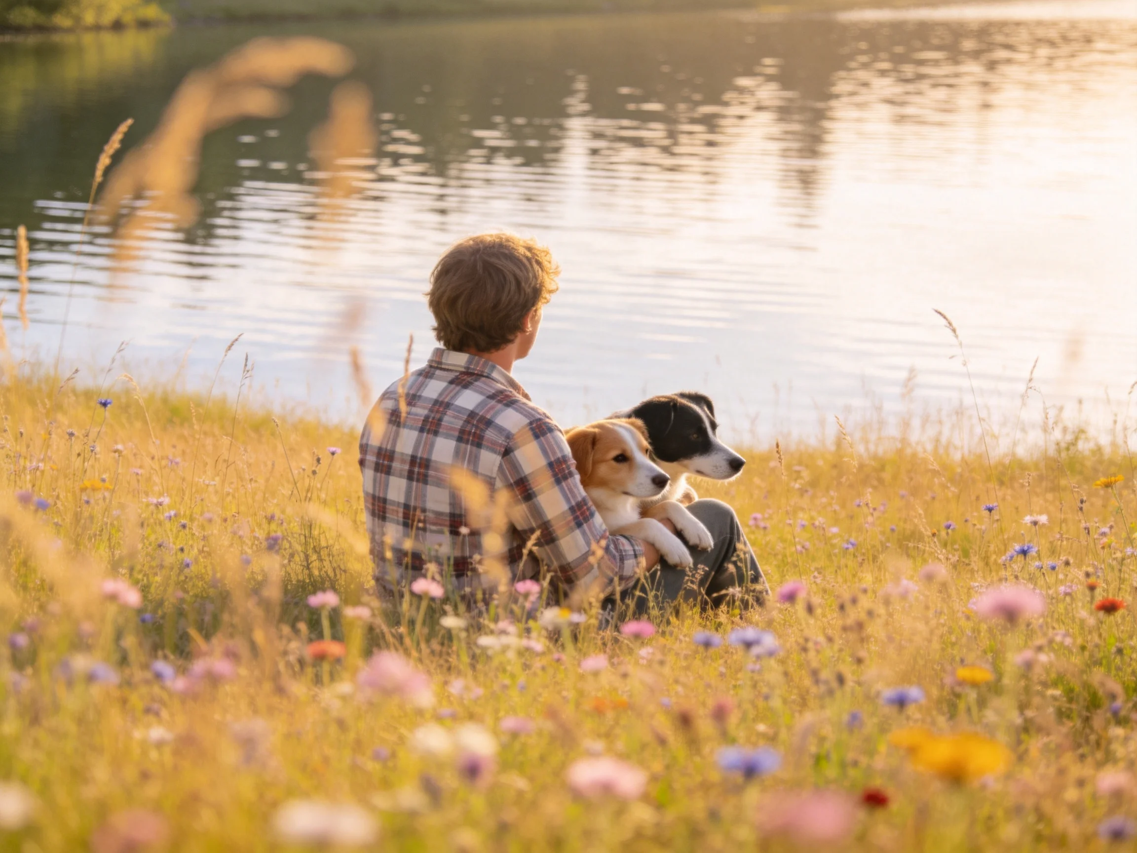 A person and two dogs share peace by a calm lake in a flowered meadow.