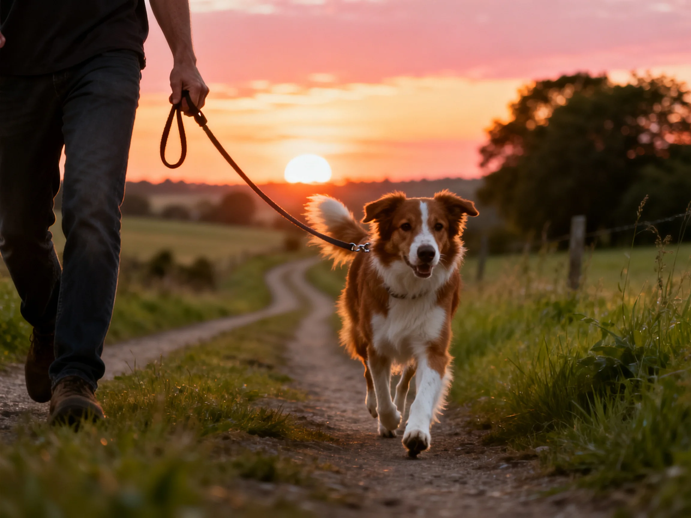 A person walks a dog on a dirt path during a colorful sunset