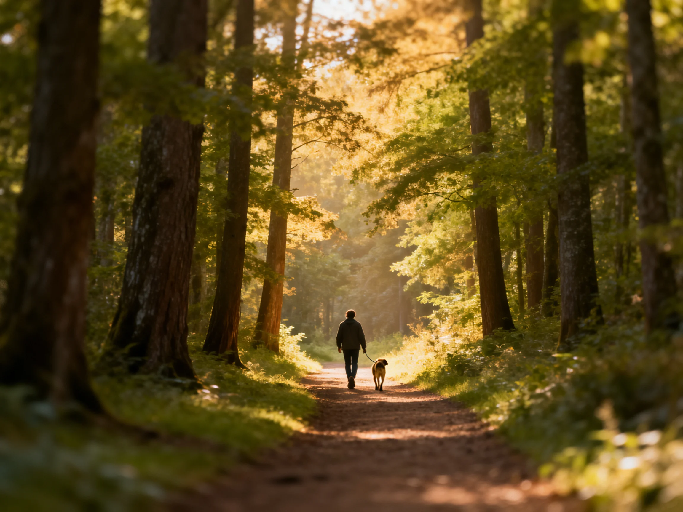 A person walks a dog along a sun-dappled forest trail