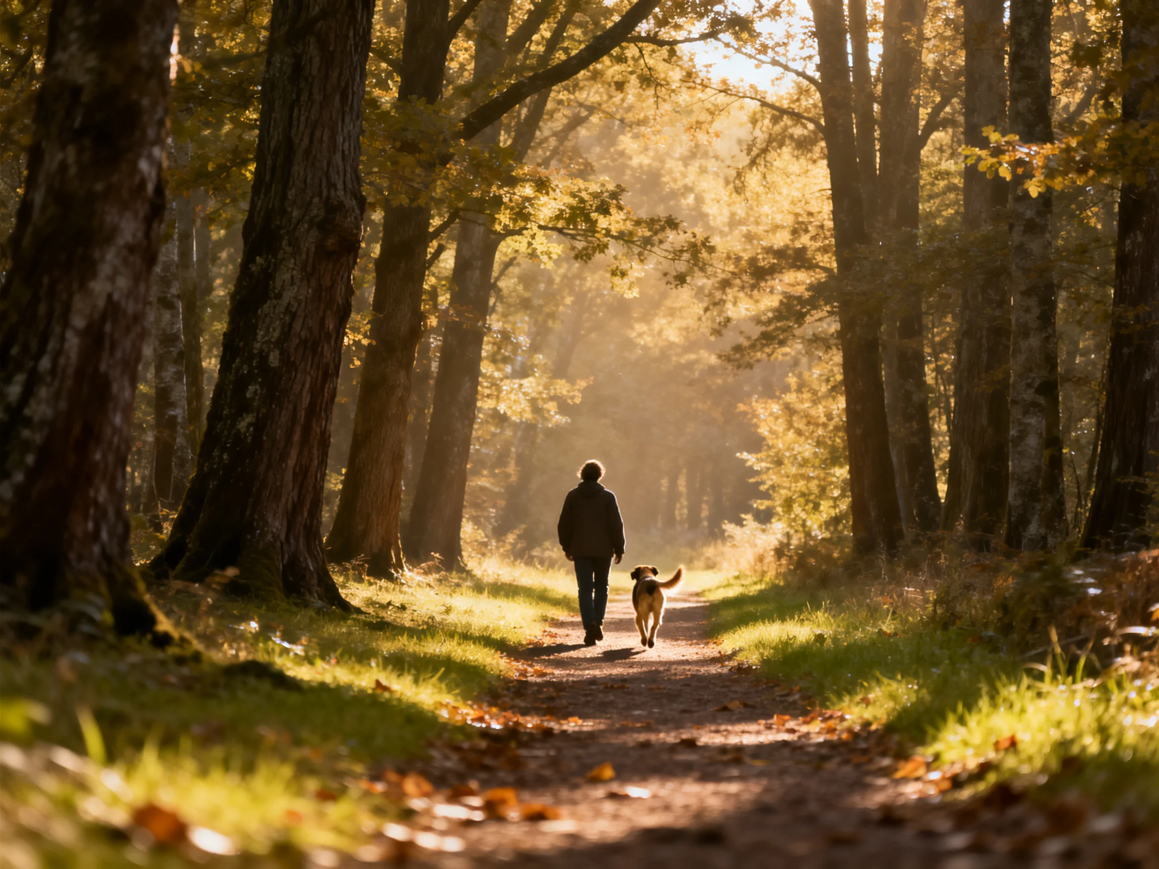 A person walks a dog down a sunlit forest path lined with tall trees