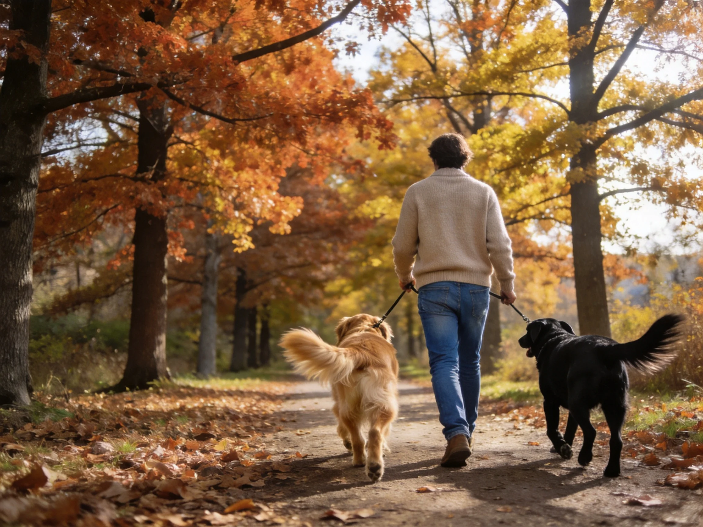 A person walks two dogs on a leaf-strewn autumn path