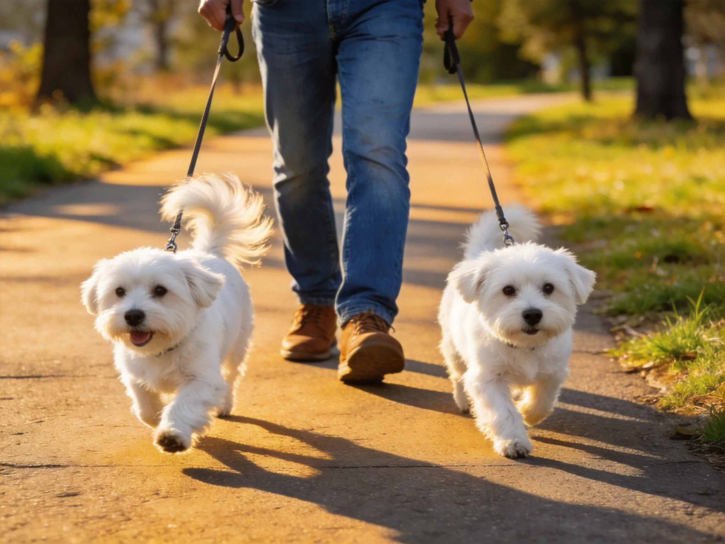 A person walks two small white dogs along a sunlit path