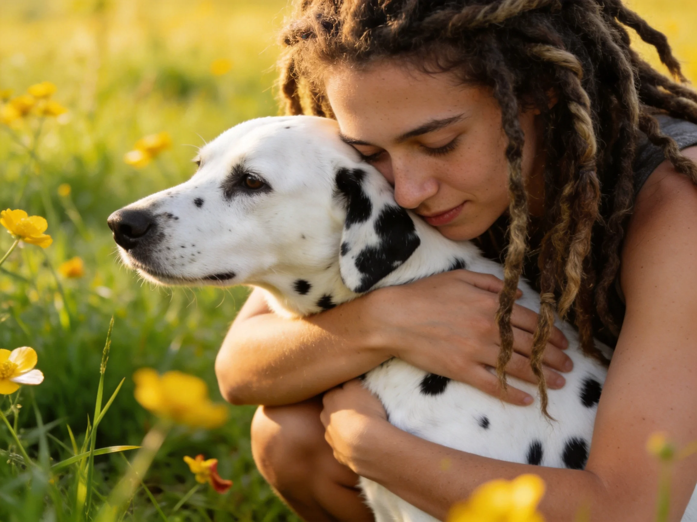 A person with dreadlocks hugs a Dalmatian dog in a sunlit flower meadow