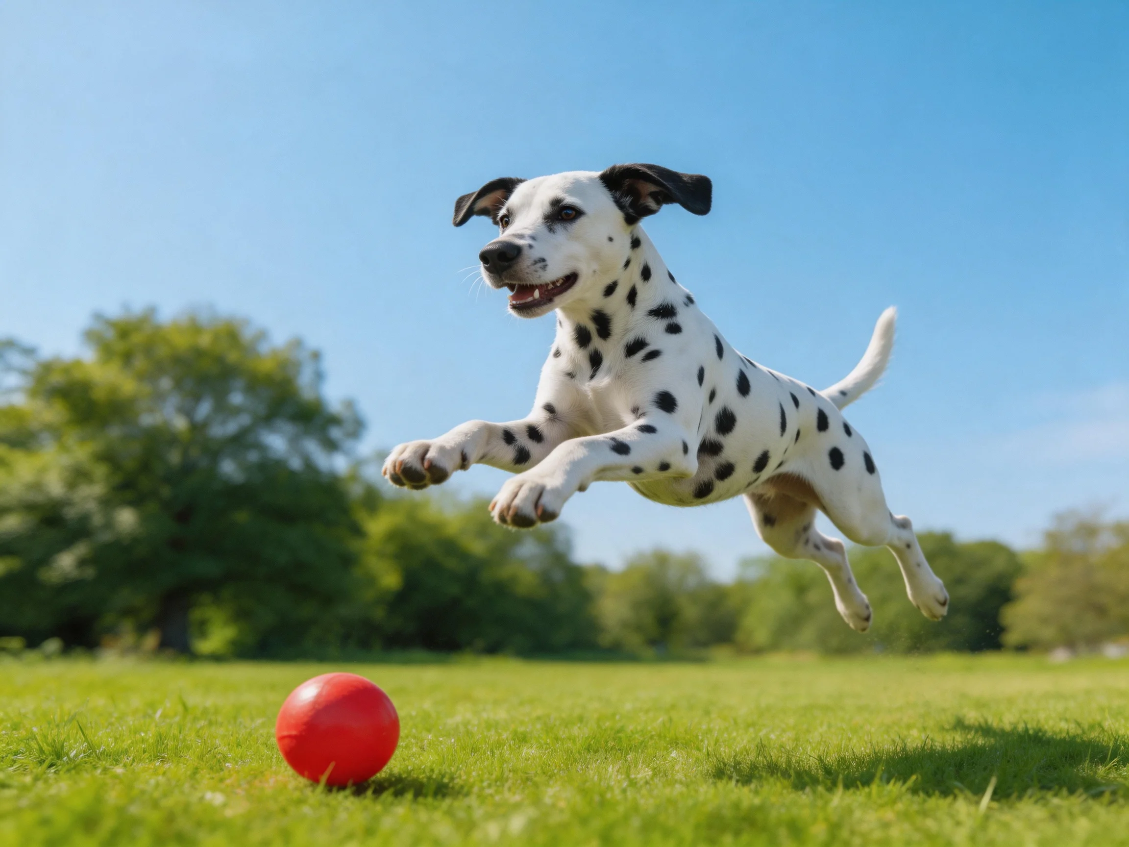 A playful Dalmatian leaps toward a bright red ball in a sunny park