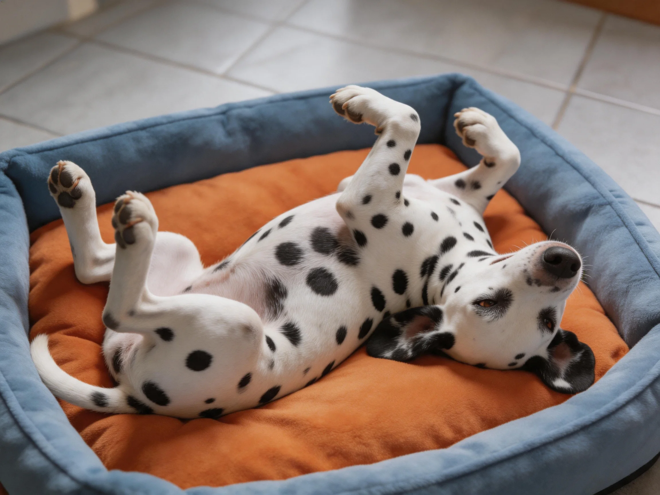 A playful Dalmatian puppy lounges on an orange cushioned blue pet bed