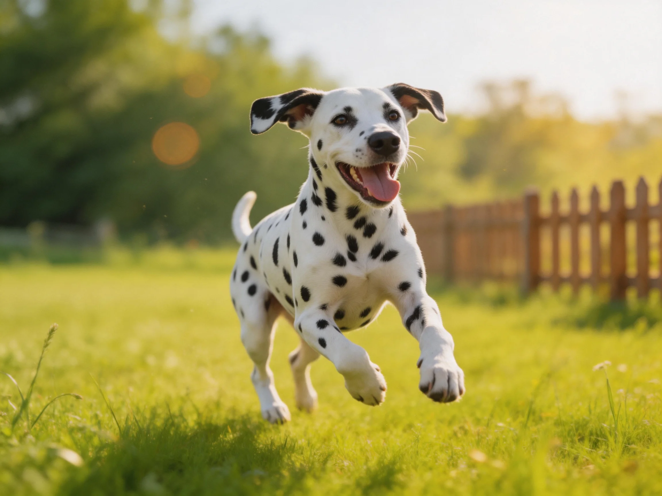 A playful Dalmatian puppy runs through a sunlit green meadow